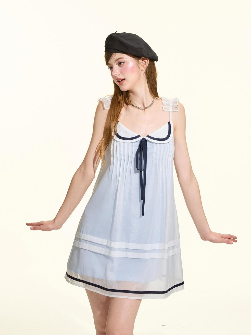 Girly Fancy Club Light Blue Pleated Navy Double Layer Women's Polyester Slip Mini Dresses