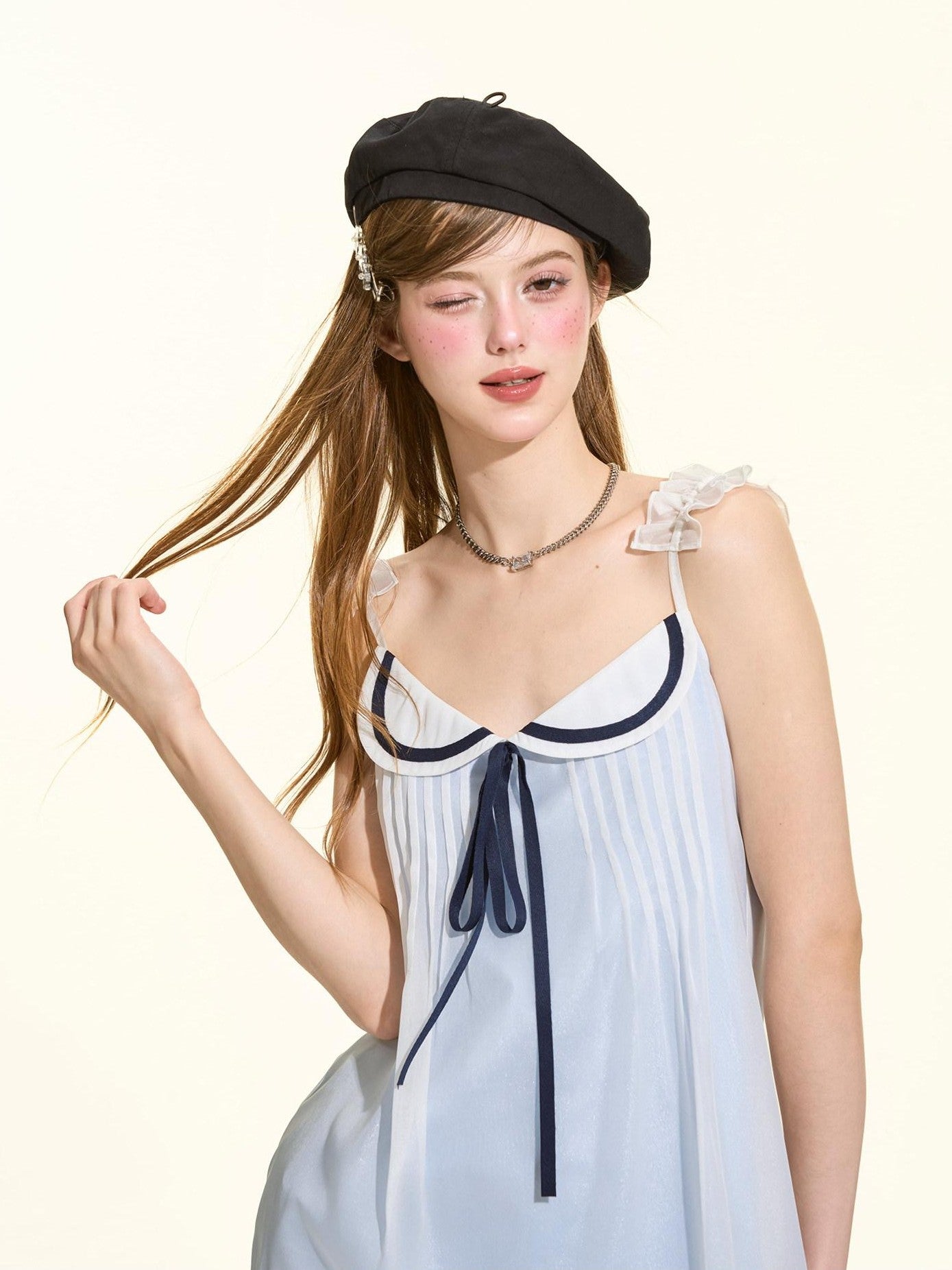 Girly Fancy Club Light Blue Pleated Navy Double Layer Women's Polyester Slip Mini Dresses