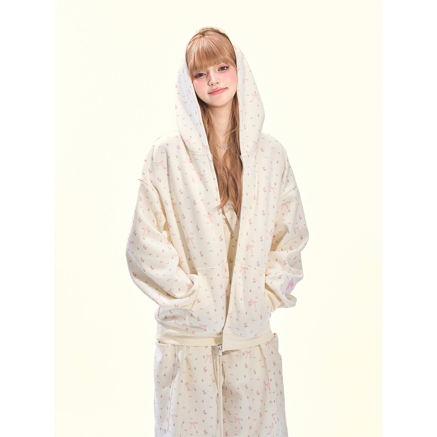Girly_Fancy_Club_Light_Cream_Bow_And_Floral_Print_Hooded_Zip_Women's_Cotton_Tracksuit_Sets_976134563042_MISSTT