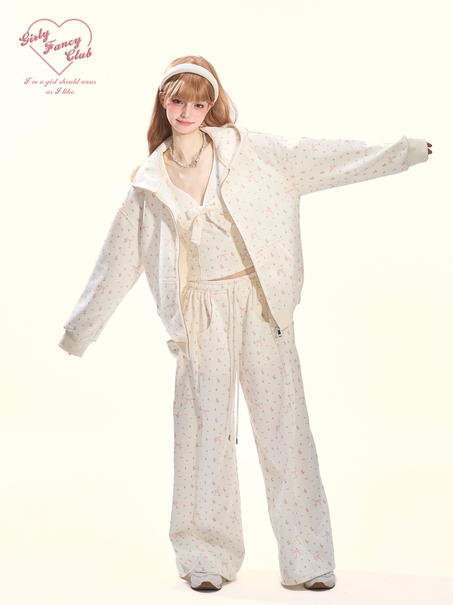 Girly Fancy Club Light Cream Bow And Floral Print Hooded Zip Women's Cotton Tracksuit Sets
