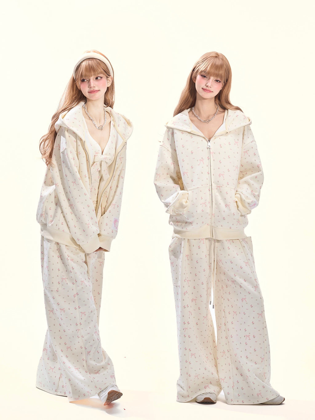 Girly Fancy Club Light Cream Bow And Floral Print Hooded Zip Women's Cotton Tracksuit Sets
