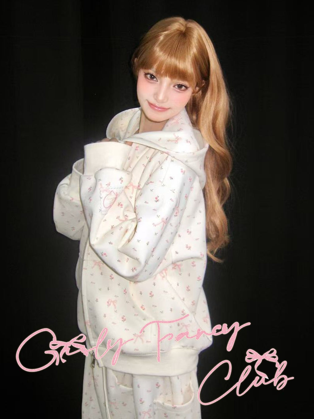 Girly Fancy Club Light Cream Bow And Floral Print Hooded Zip Women's Cotton Tracksuit Sets