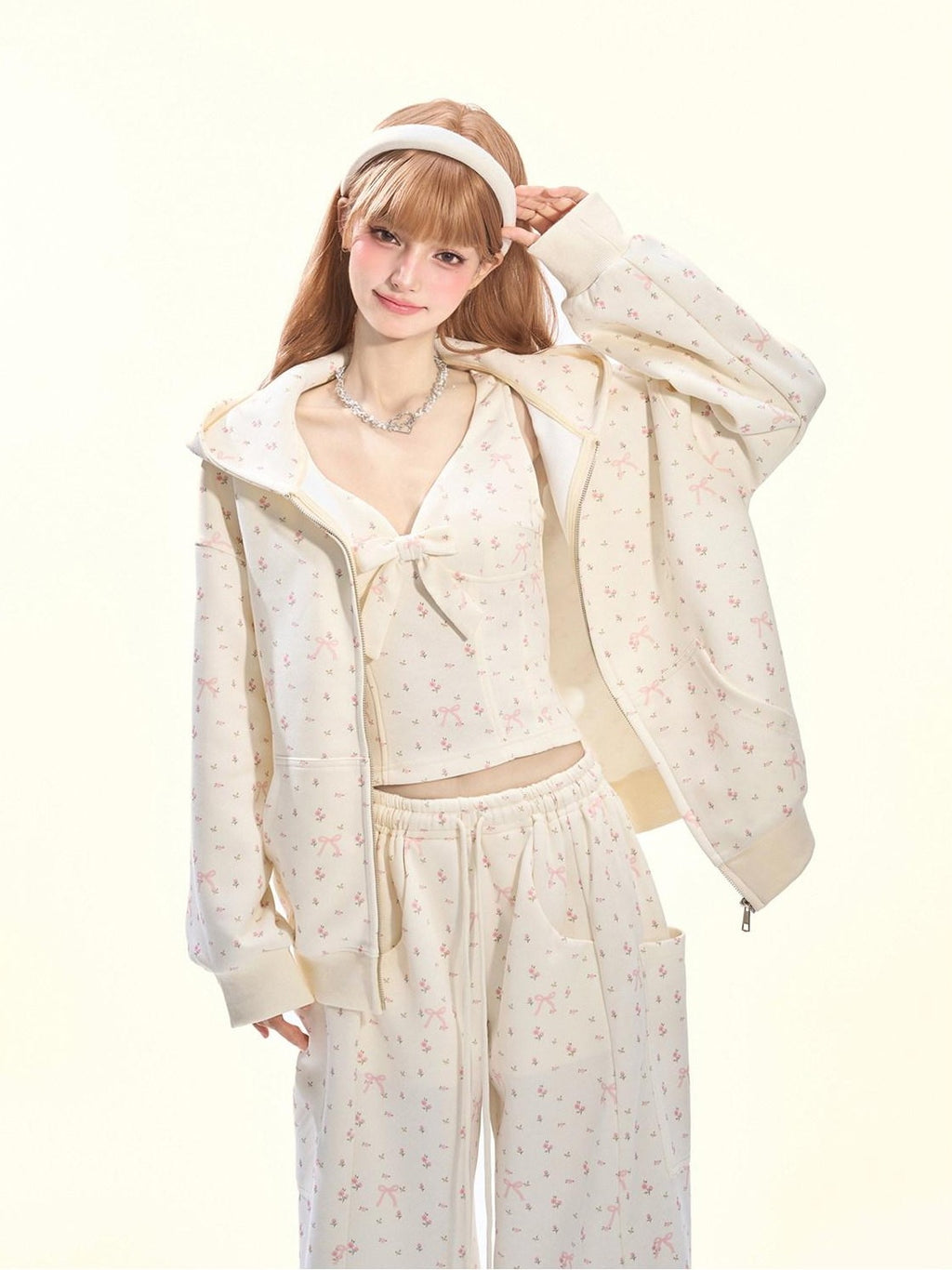 Girly Fancy Club Light Cream Bow And Floral Print Hooded Zip Women's Cotton Tracksuit Sets