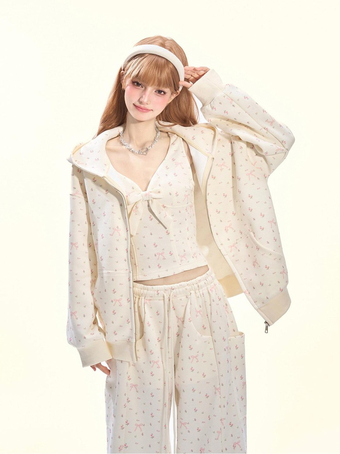 Girly Fancy Club Light Cream Bow And Floral Print Hooded Zip Women's Cotton Tracksuit Sets