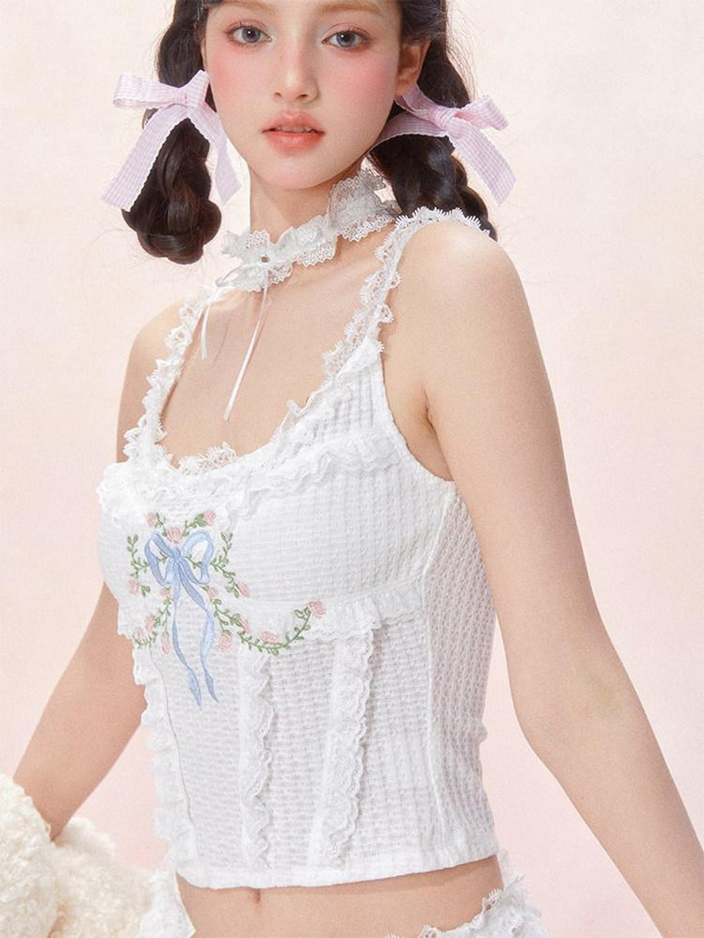 Girly Fancy Club Light Pink Lace Embroidered French Women's Mulberry Silk Tank Tops