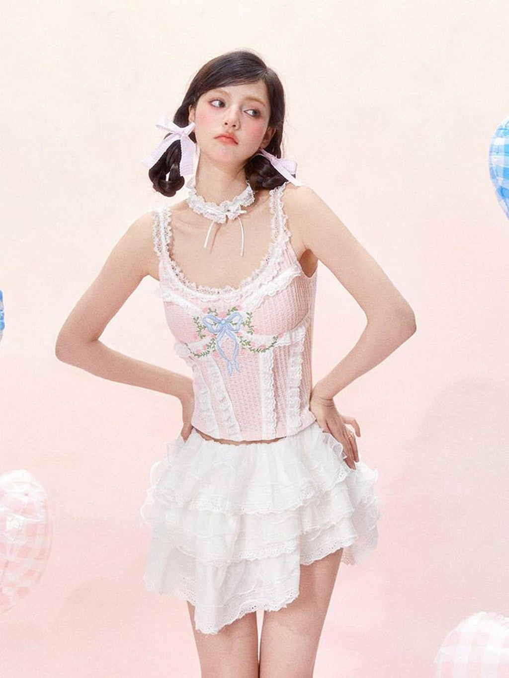 Girly Fancy Club Light Pink Lace Embroidered French Women's Mulberry Silk Tank Tops