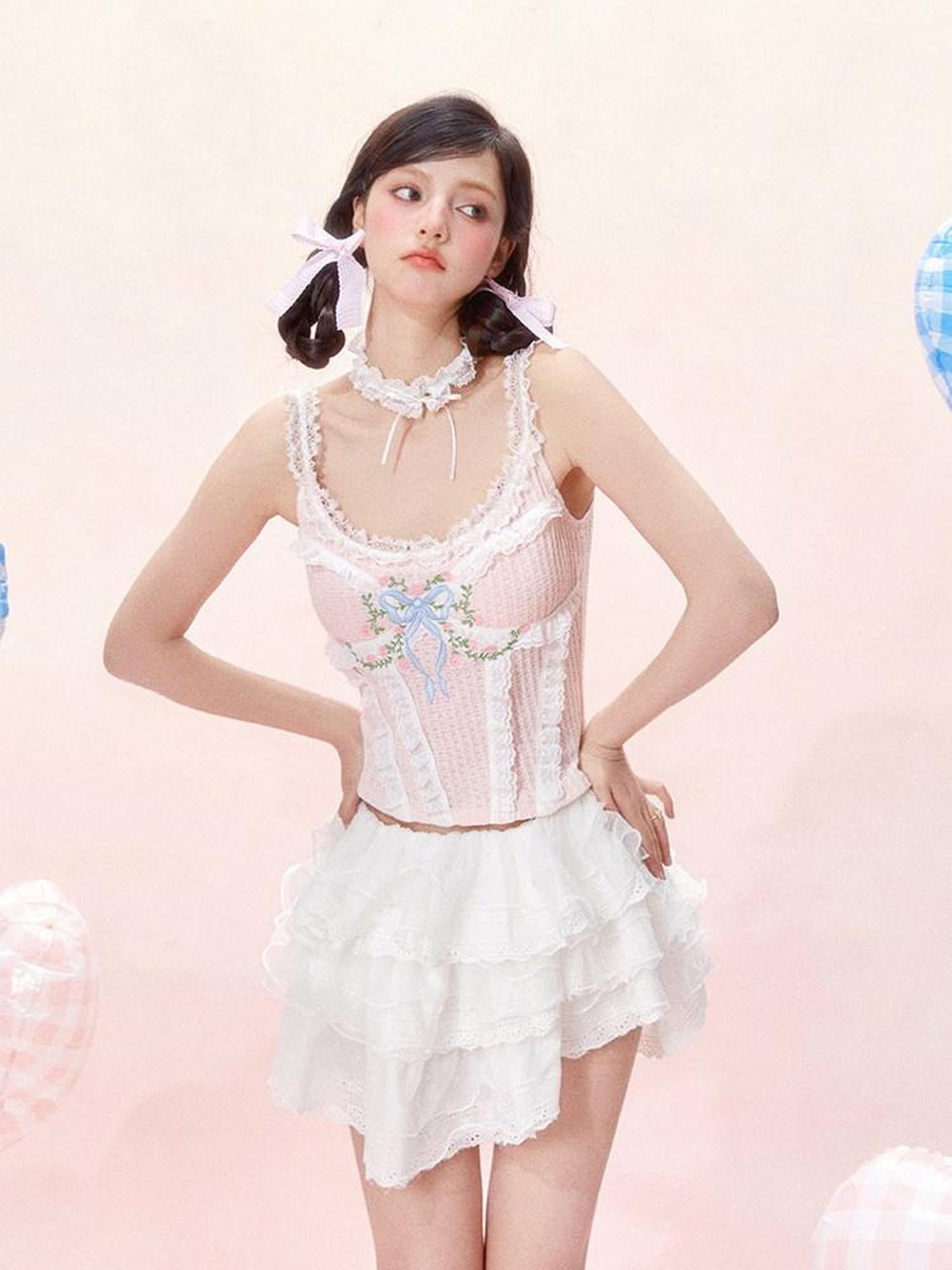 Girly Fancy Club Light Pink Lace Embroidered French Women's Mulberry Silk Tank Tops