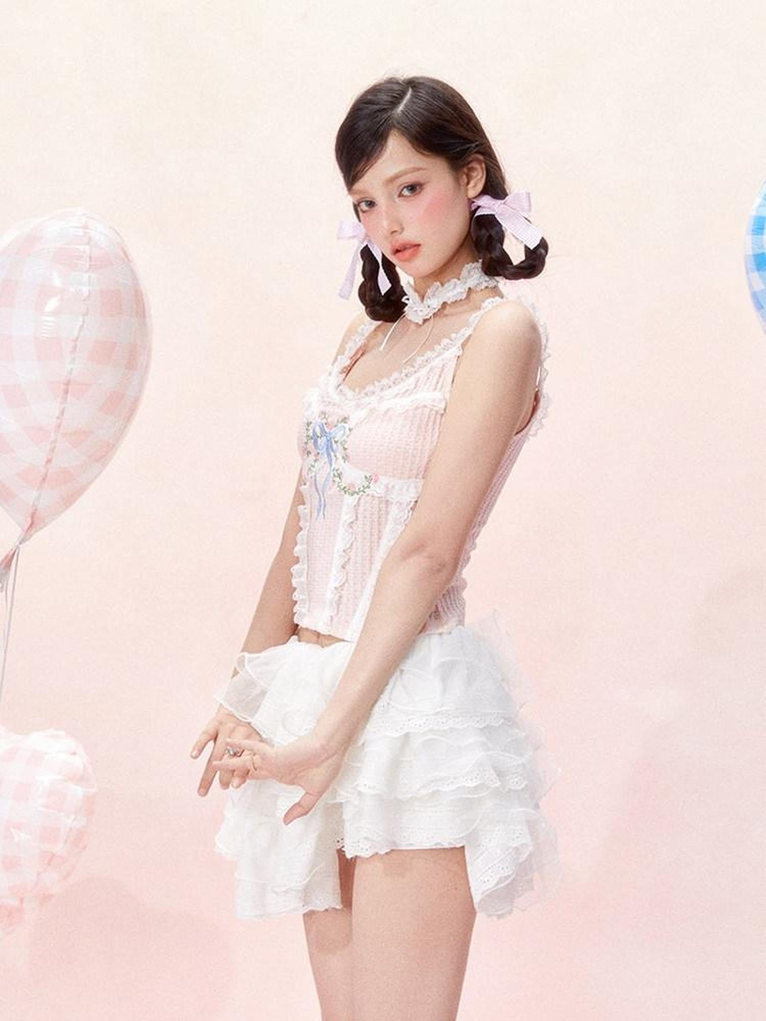 Girly Fancy Club Light Pink Lace Embroidered French Women's Mulberry Silk Tank Tops
