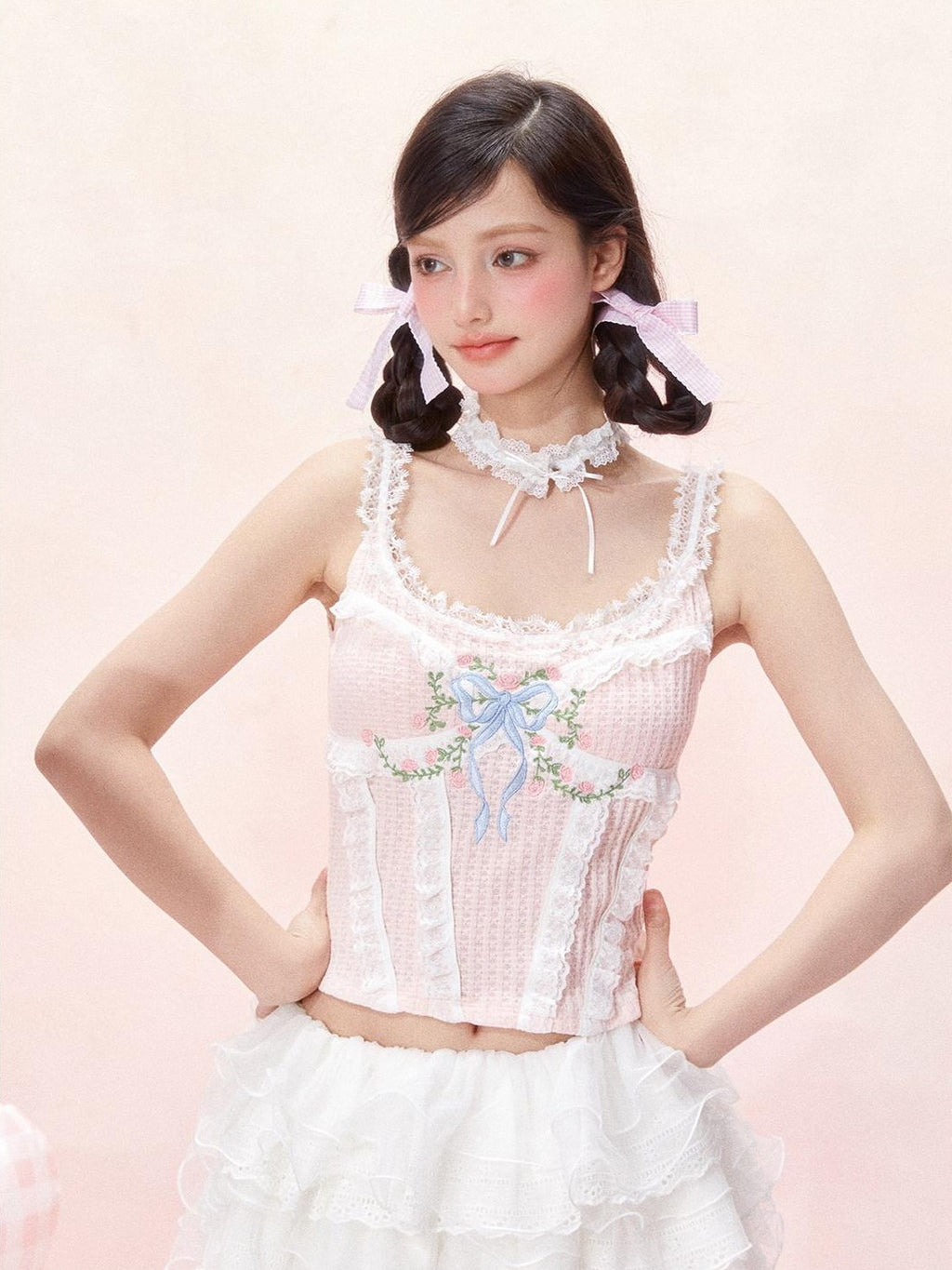 Girly Fancy Club Light Pink Lace Embroidered French Women's Mulberry Silk Tank Tops