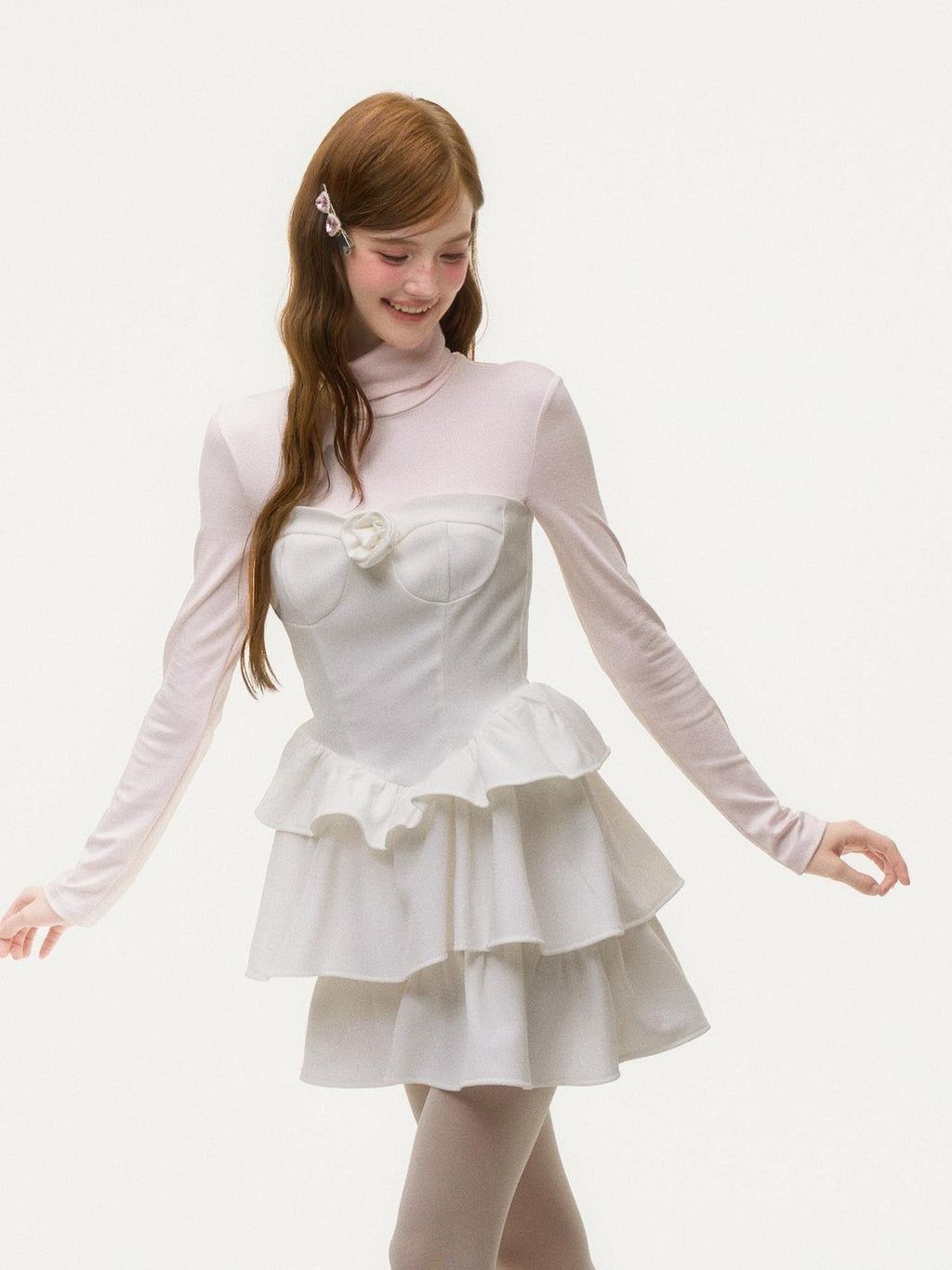 Girly Fancy Club Light Pink Mock Layered Ruffle High Neck Women's Polyester Casual Mini Dresses