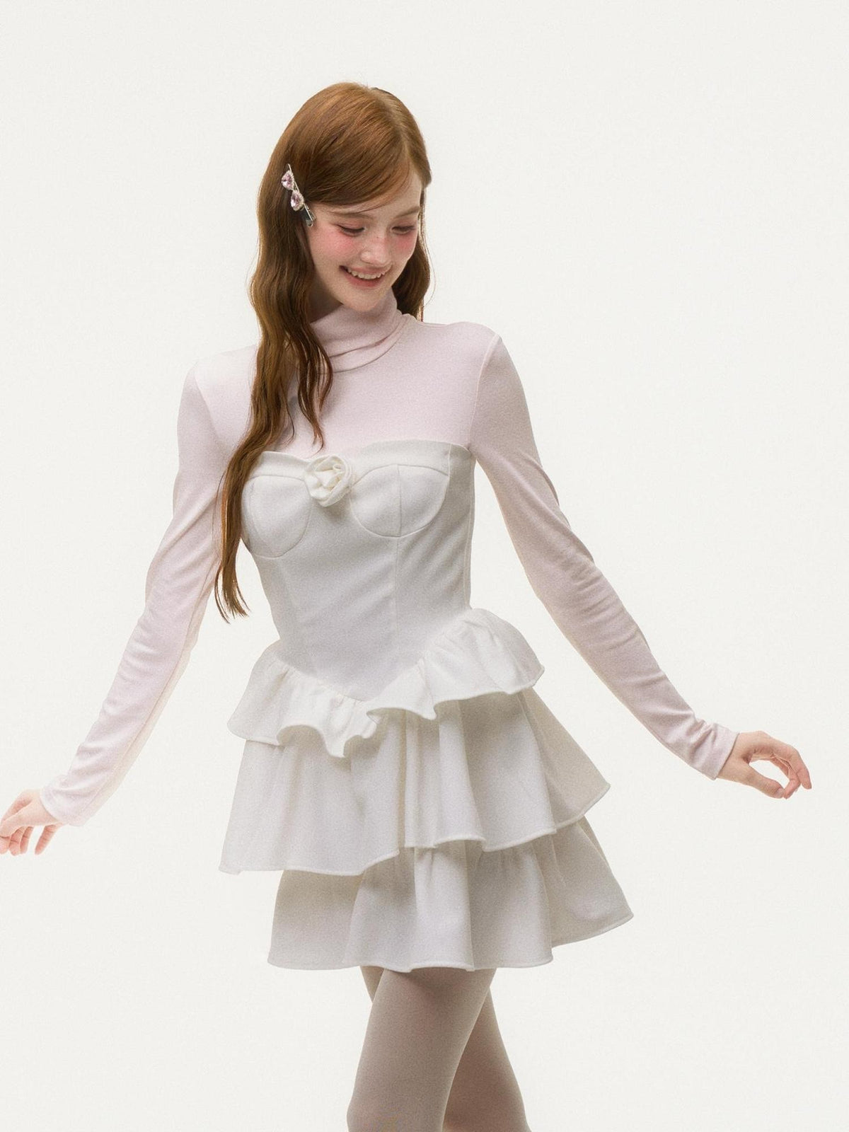 Girly Fancy Club Light Pink Mock Layered Ruffle High Neck Women's Polyester Casual Mini Dresses