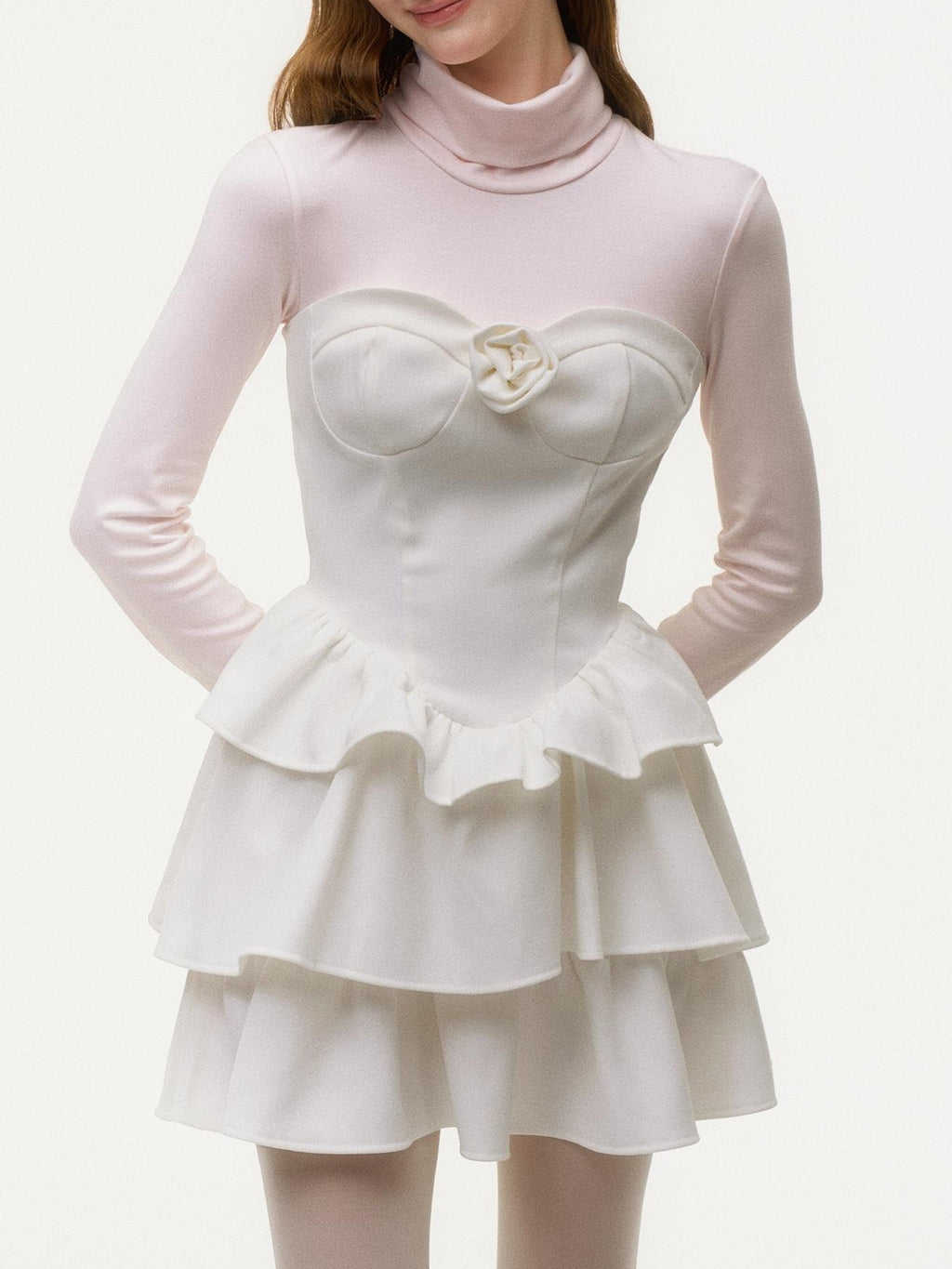 Girly Fancy Club Light Pink Mock Layered Ruffle High Neck Women's Polyester Casual Mini Dresses