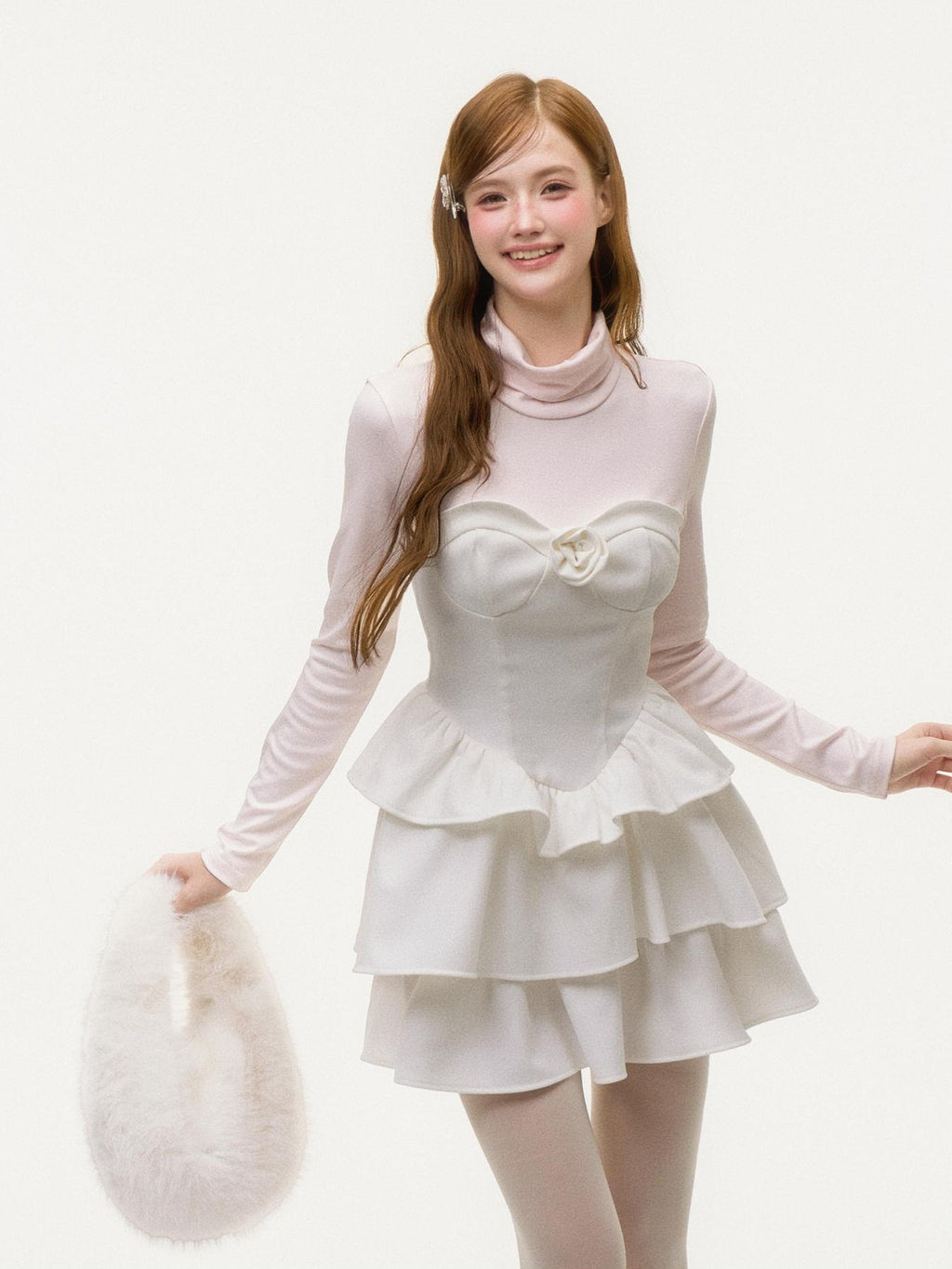 Girly Fancy Club Light Pink Mock Layered Ruffle High Neck Women's Polyester Casual Mini Dresses