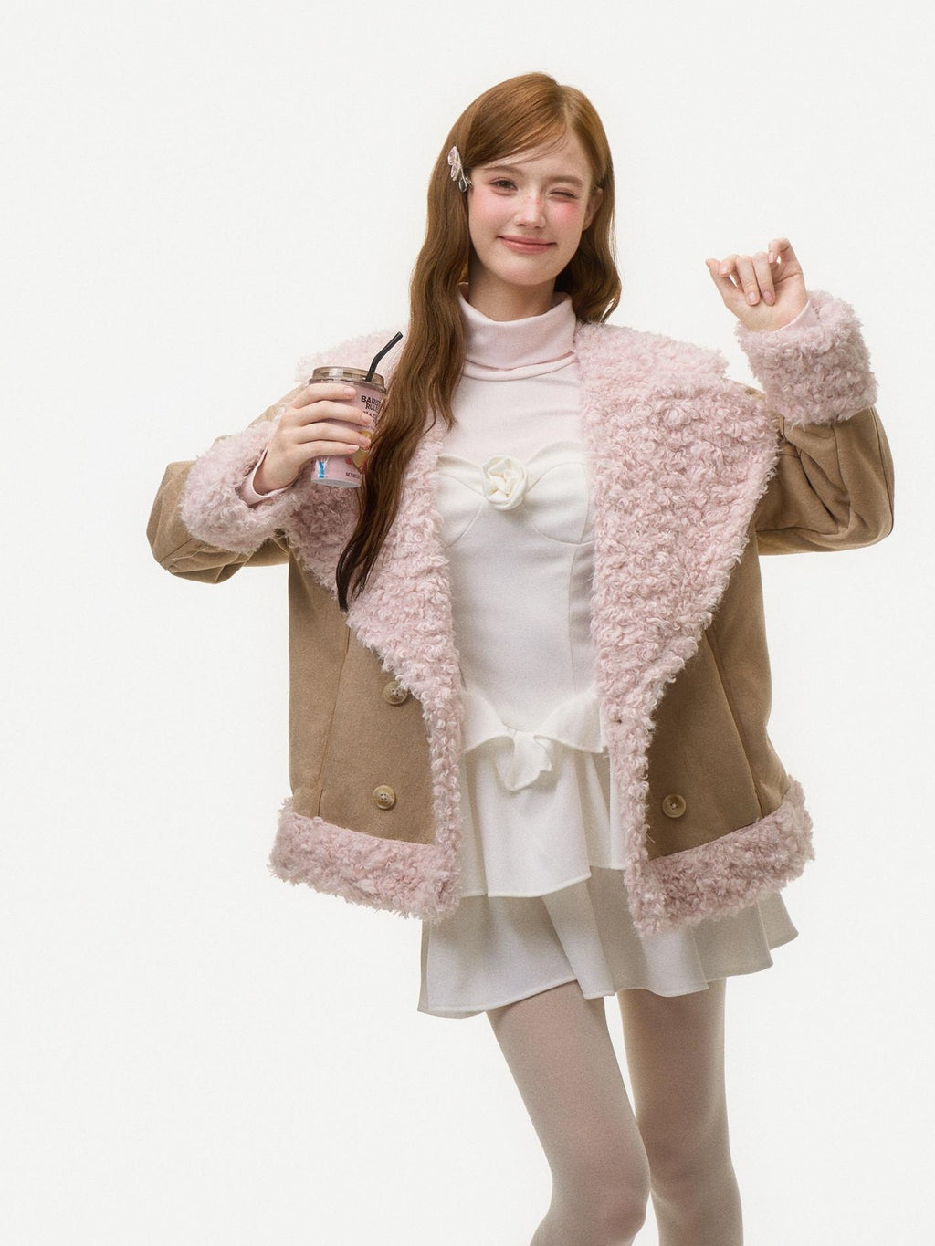 Girly Fancy Club Light Pink Mock Layered Ruffle High Neck Women's Polyester Casual Mini Dresses