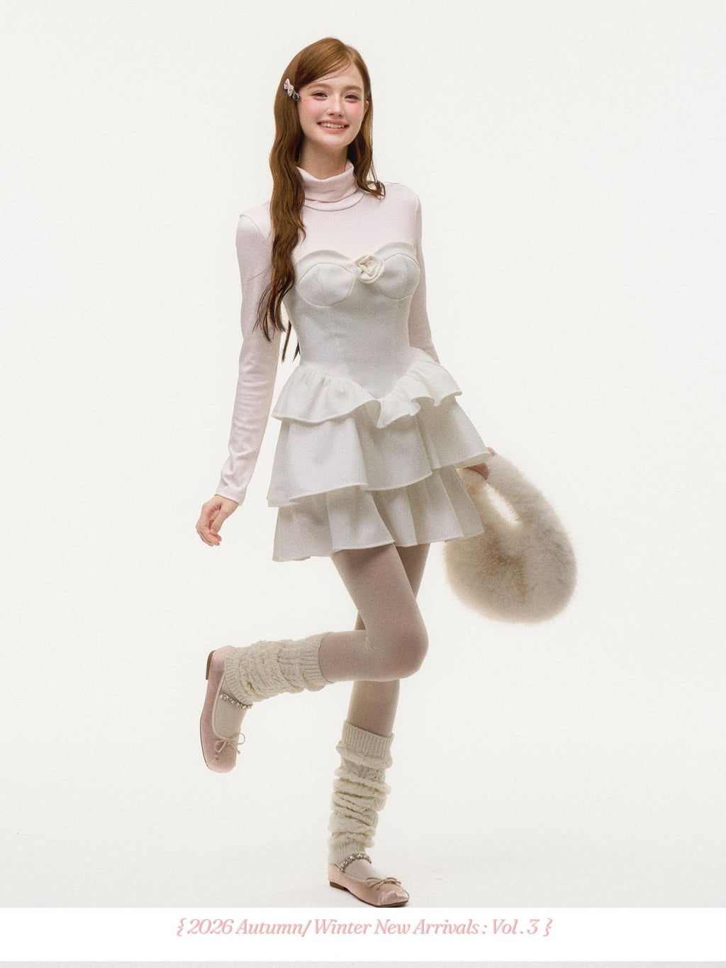 Girly Fancy Club Light Pink Mock Layered Ruffle High Neck Women's Polyester Casual Mini Dresses