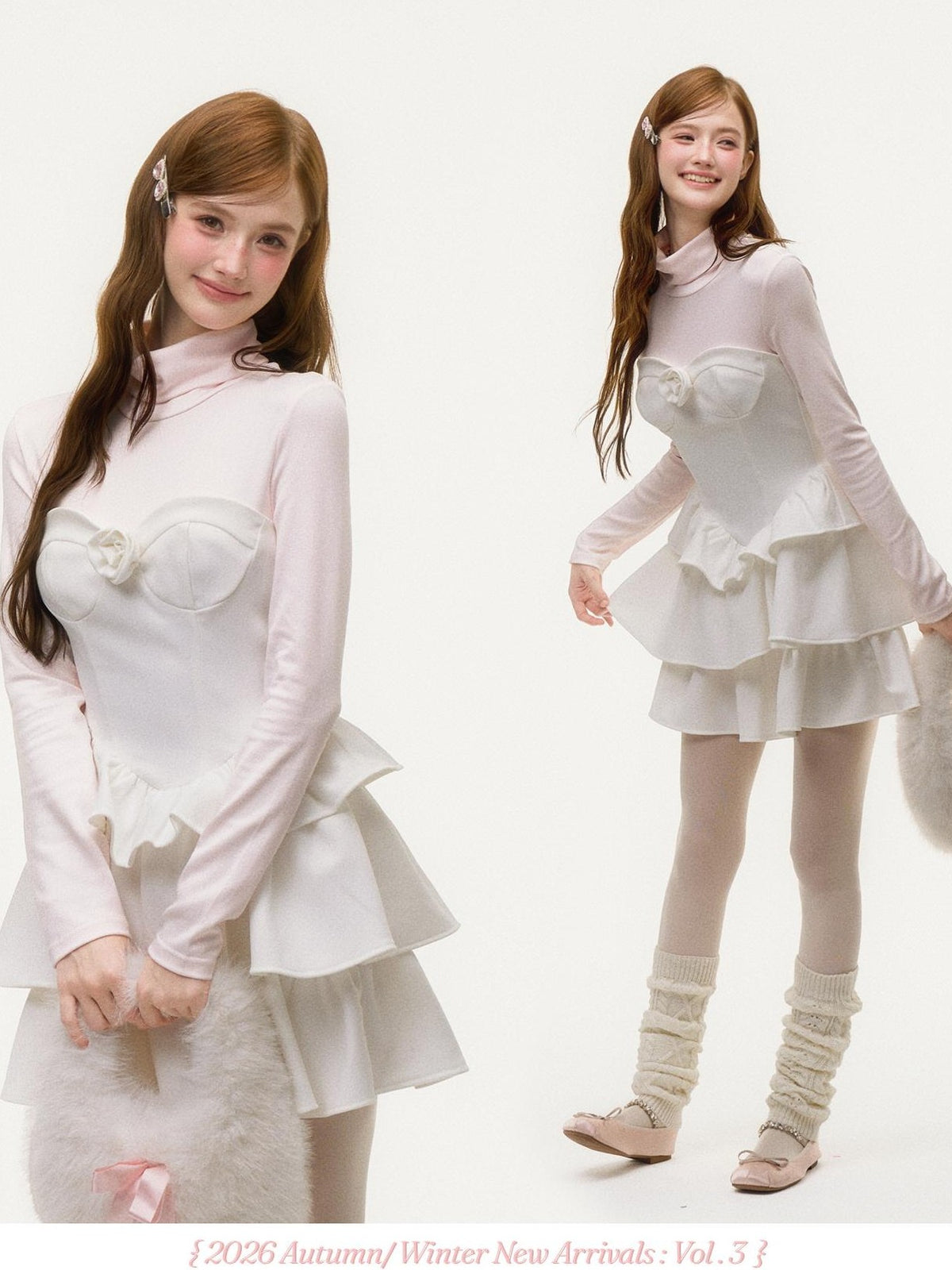 Girly Fancy Club Light Pink Mock Layered Ruffle High Neck Women's Polyester Casual Mini Dresses