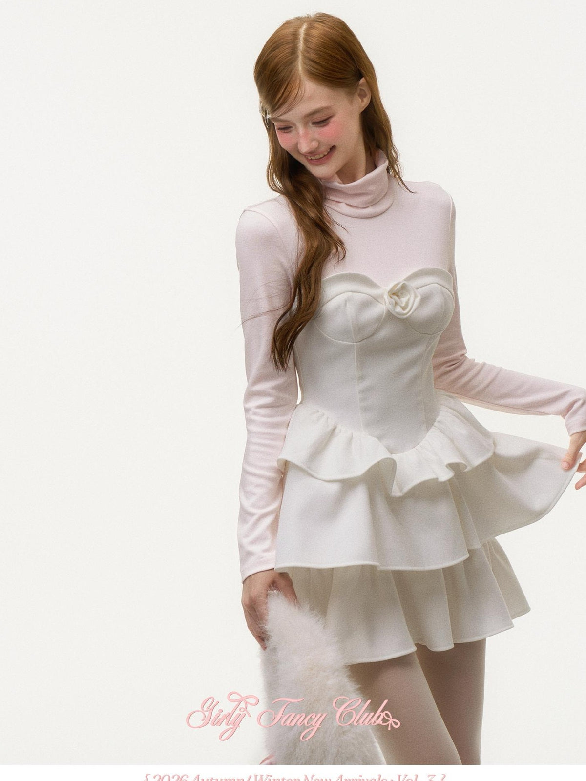 Girly Fancy Club Light Pink Mock Layered Ruffle High Neck Women's Polyester Casual Mini Dresses