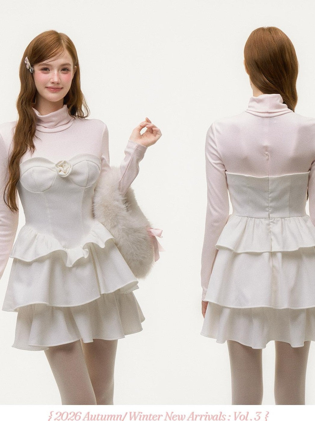 Girly Fancy Club Light Pink Mock Layered Ruffle High Neck Women's Polyester Casual Mini Dresses