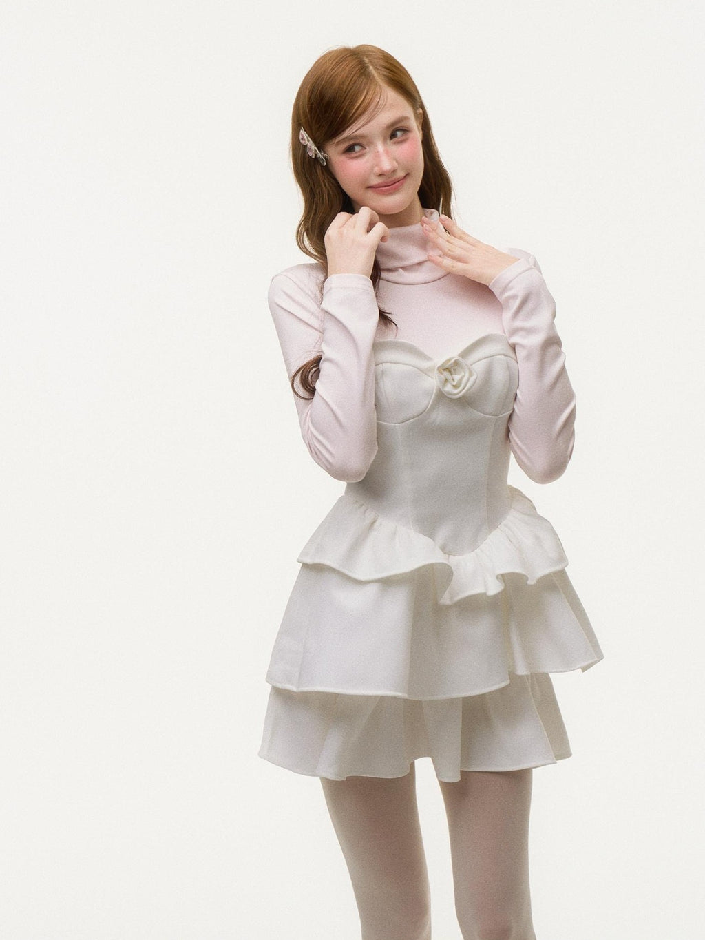 Girly Fancy Club Light Pink Mock Layered Ruffle High Neck Women's Polyester Casual Mini Dresses