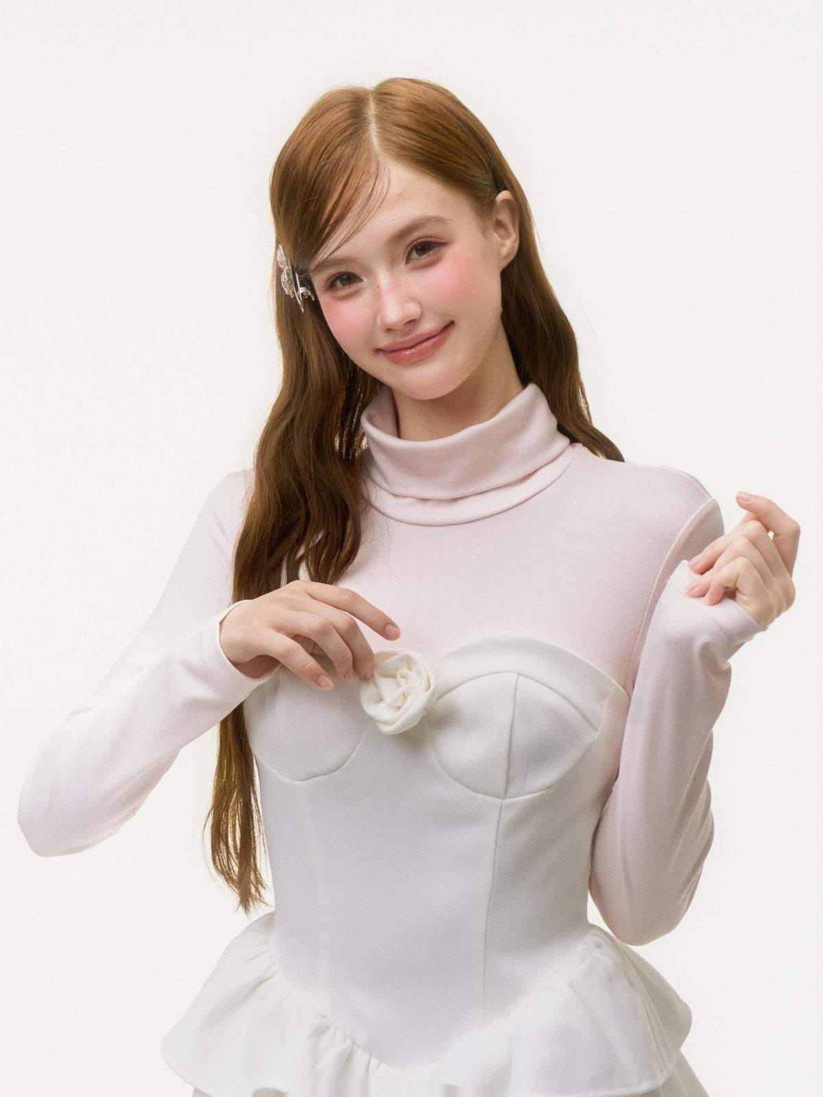 Girly Fancy Club Light Pink Mock Layered Ruffle High Neck Women's Polyester Casual Mini Dresses