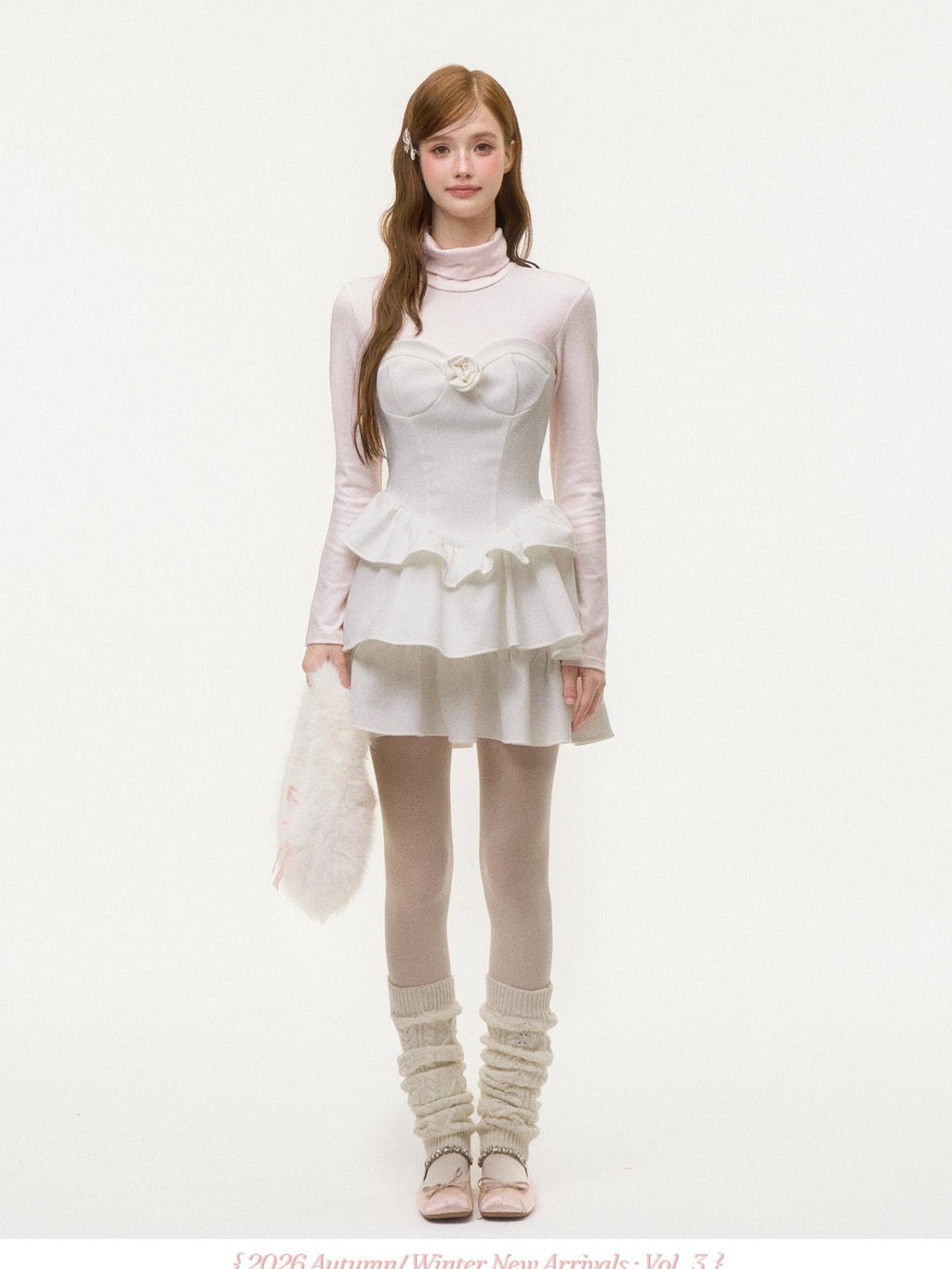 Girly Fancy Club Light Pink Mock Layered Ruffle High Neck Women's Polyester Casual Mini Dresses