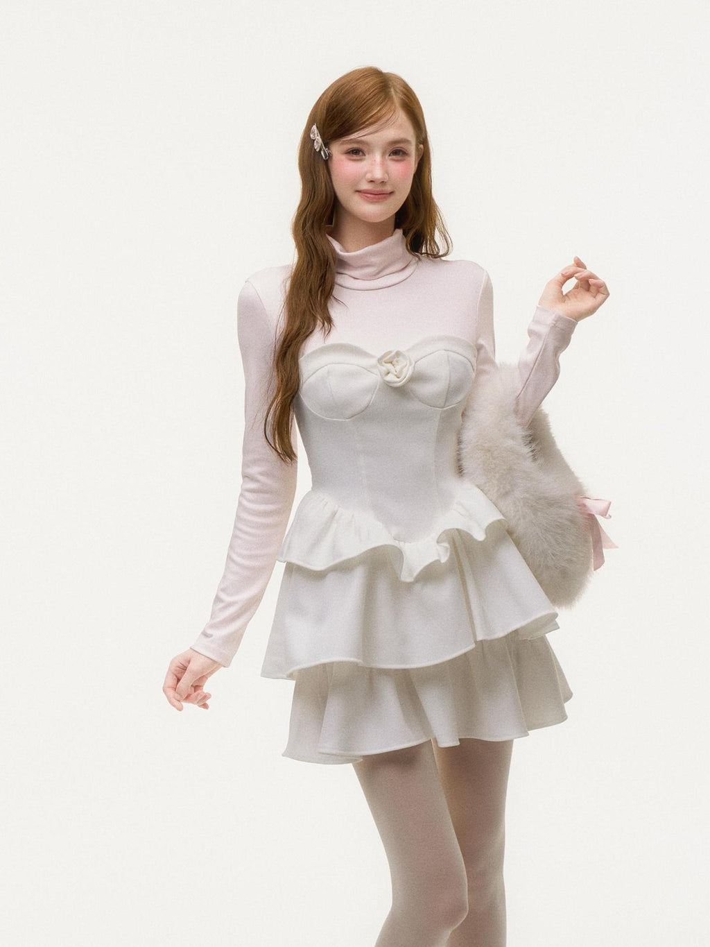 Girly Fancy Club Light Pink Mock Layered Ruffle High Neck Women's Polyester Casual Mini Dresses