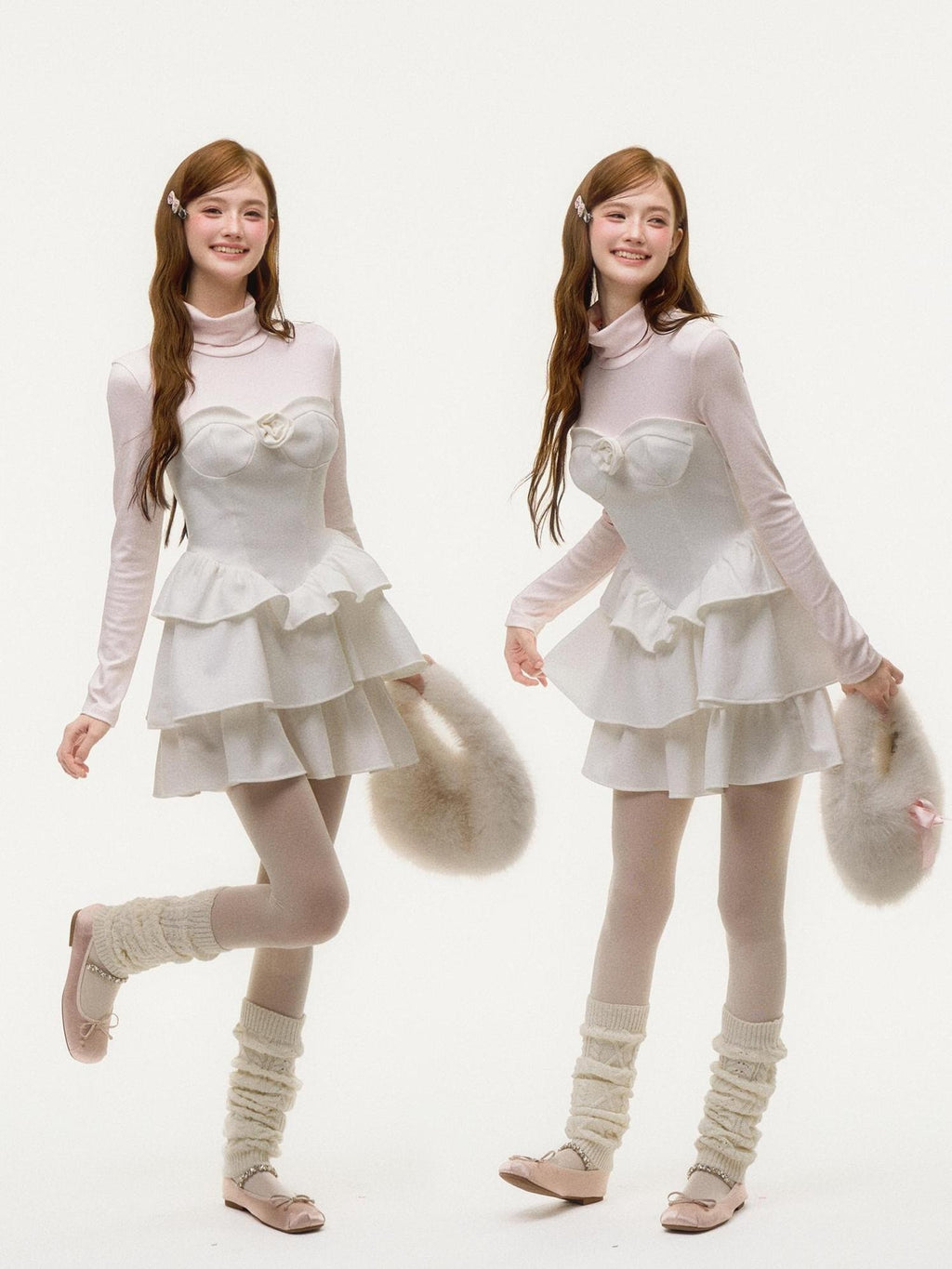 Girly Fancy Club Light Pink Mock Layered Ruffle High Neck Women's Polyester Casual Mini Dresses