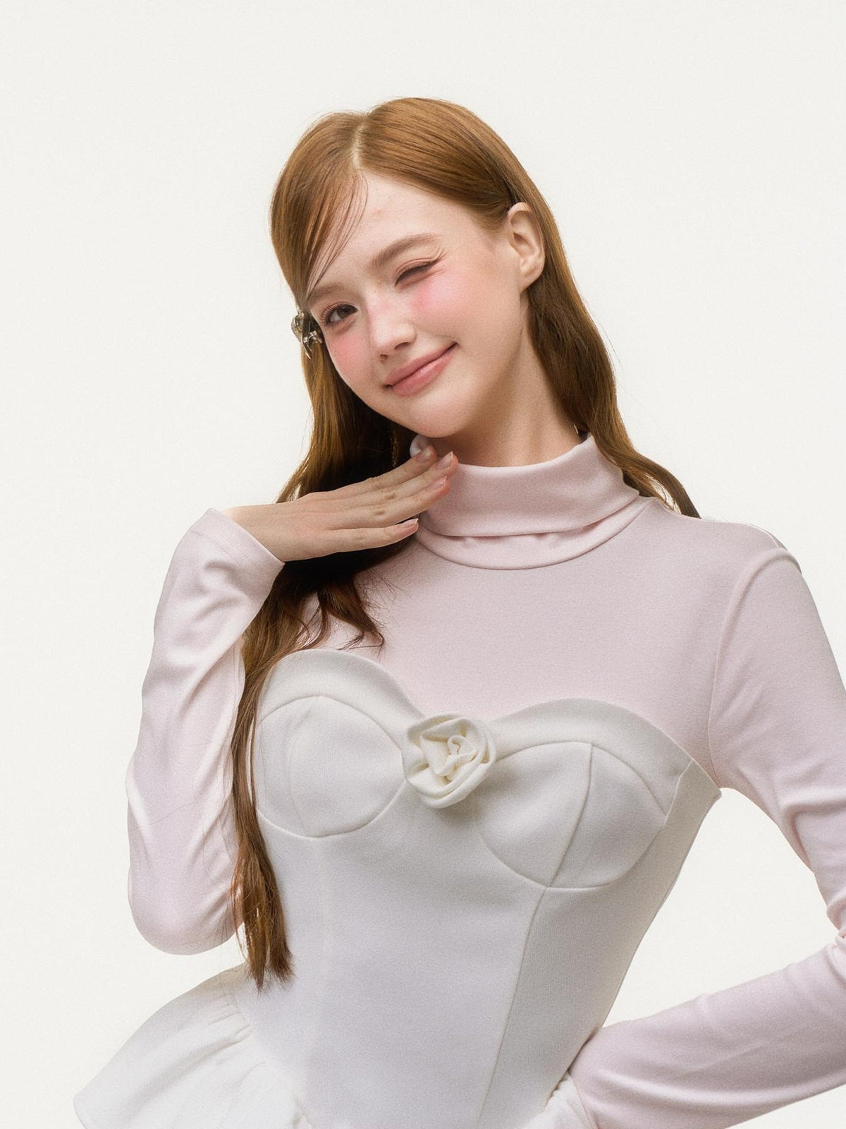 Girly Fancy Club Light Pink Mock Layered Ruffle High Neck Women's Polyester Casual Mini Dresses