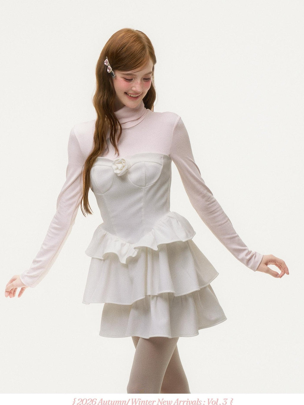 Girly Fancy Club Light Pink Mock Layered Ruffle High Neck Women's Polyester Casual Mini Dresses