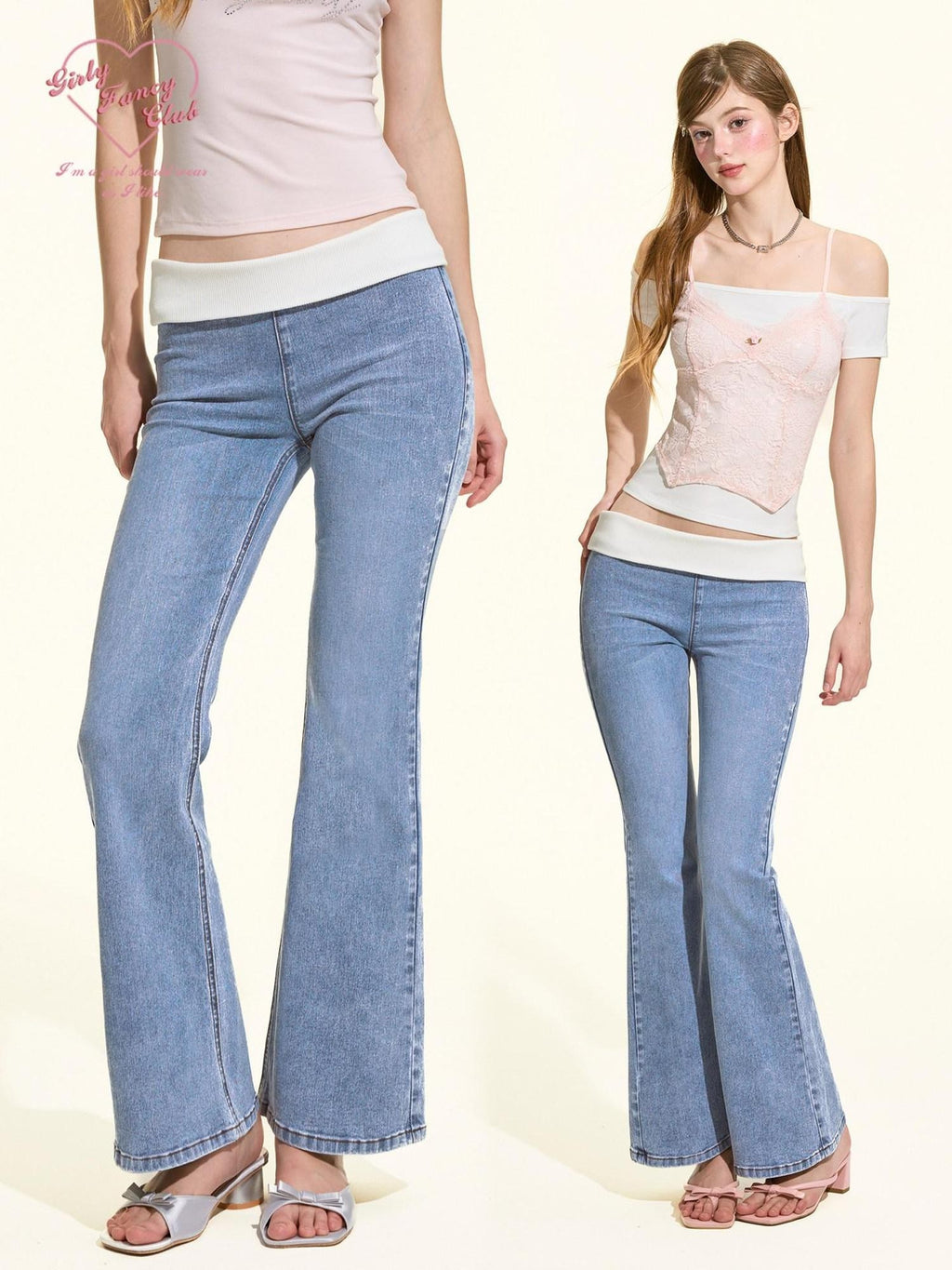 Girly Fancy Club Light Wash Ribbed Patchwork Women's Cotton Stretch Denim Bootcut Jeans
