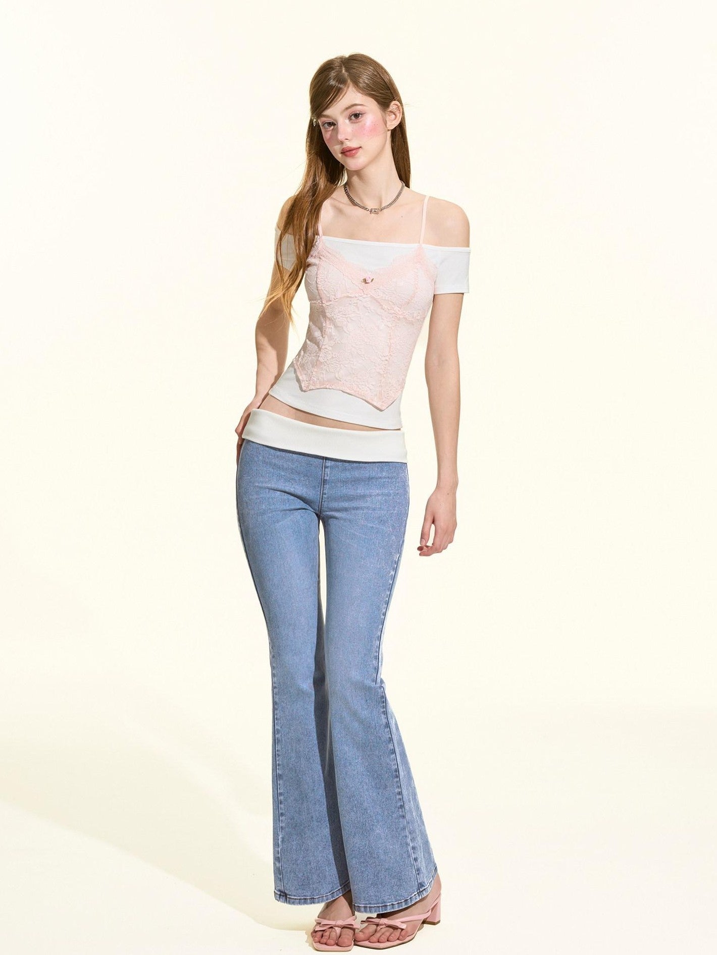 Girly Fancy Club Light Wash Ribbed Patchwork Women's Cotton Stretch Denim Bootcut Jeans