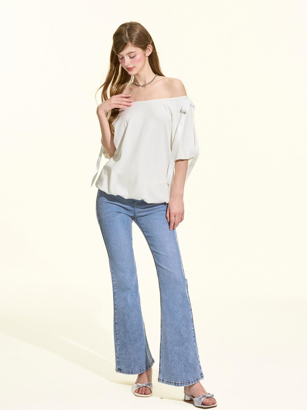 Girly Fancy Club Light Wash Ribbed Patchwork Women's Cotton Stretch Denim Bootcut Jeans
