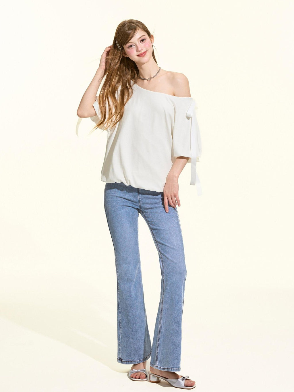Girly Fancy Club Light Wash Ribbed Patchwork Women's Cotton Stretch Denim Bootcut Jeans