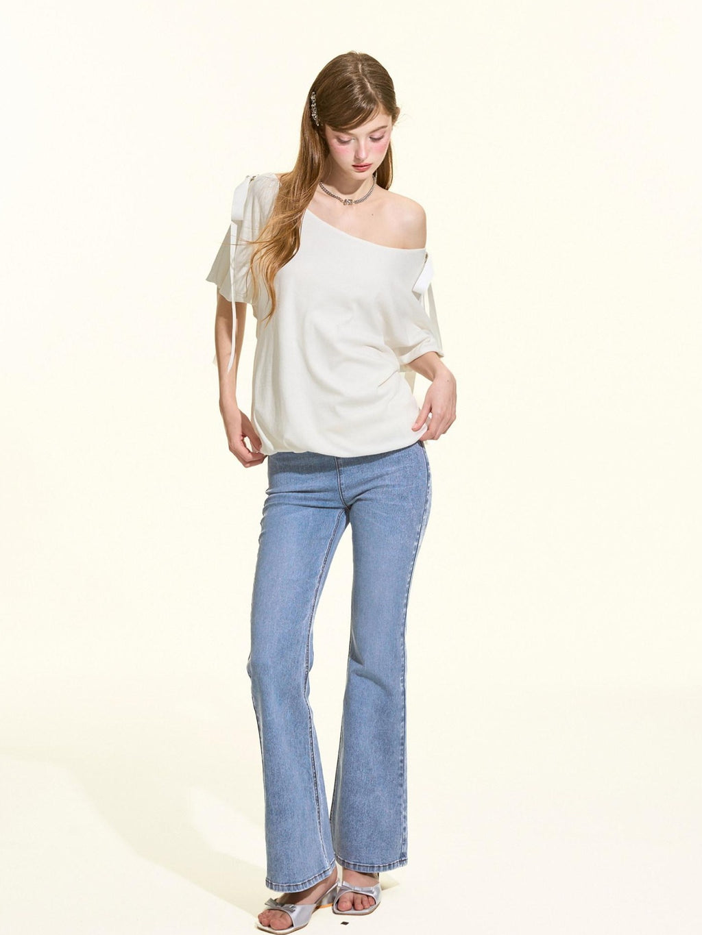 Girly Fancy Club Light Wash Ribbed Patchwork Women's Cotton Stretch Denim Bootcut Jeans