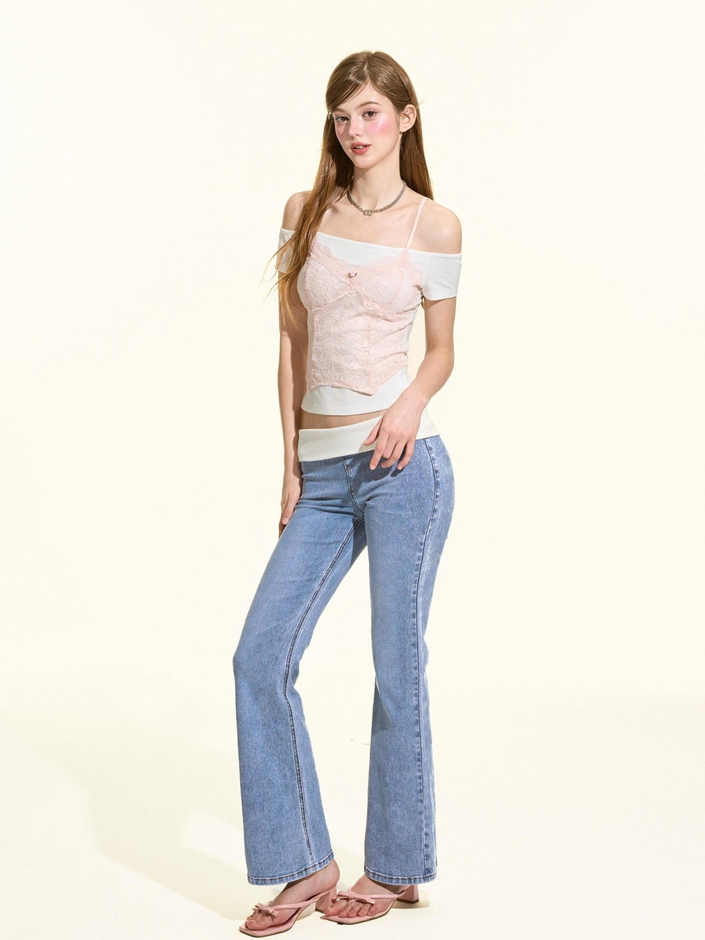Girly Fancy Club Light Wash Ribbed Patchwork Women's Cotton Stretch Denim Bootcut Jeans