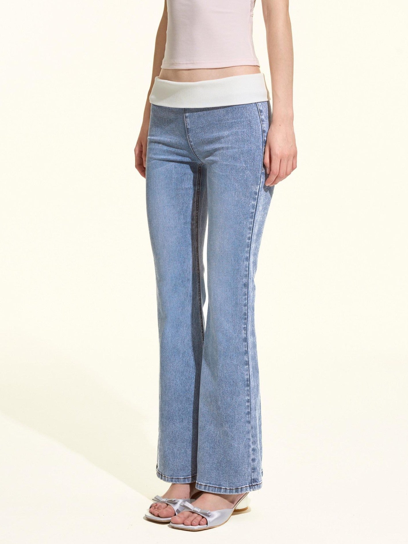 Girly Fancy Club Light Wash Ribbed Patchwork Women's Cotton Stretch Denim Bootcut Jeans