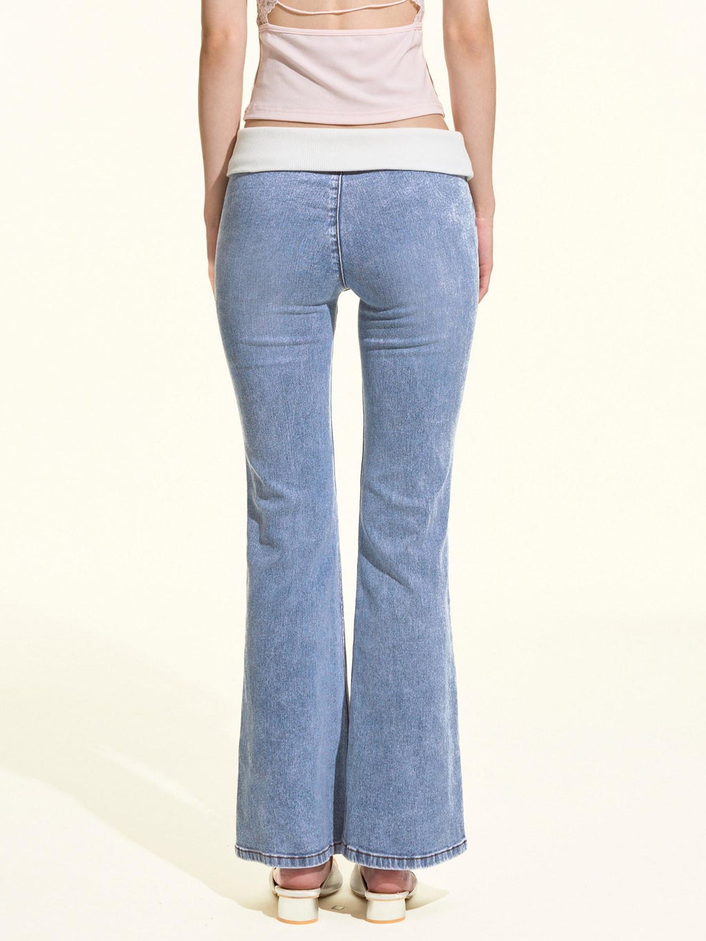 Girly Fancy Club Light Wash Ribbed Patchwork Women's Cotton Stretch Denim Bootcut Jeans