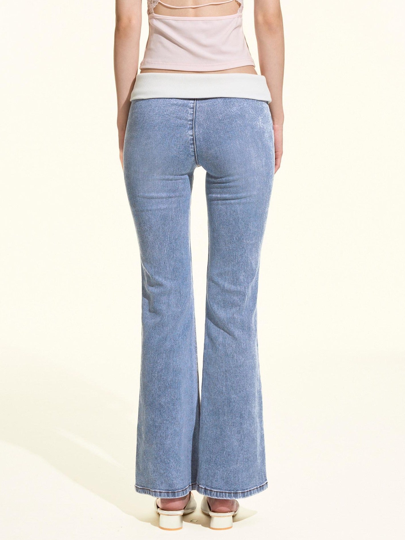 Girly Fancy Club Light Wash Ribbed Patchwork Women's Cotton Stretch Denim Bootcut Jeans