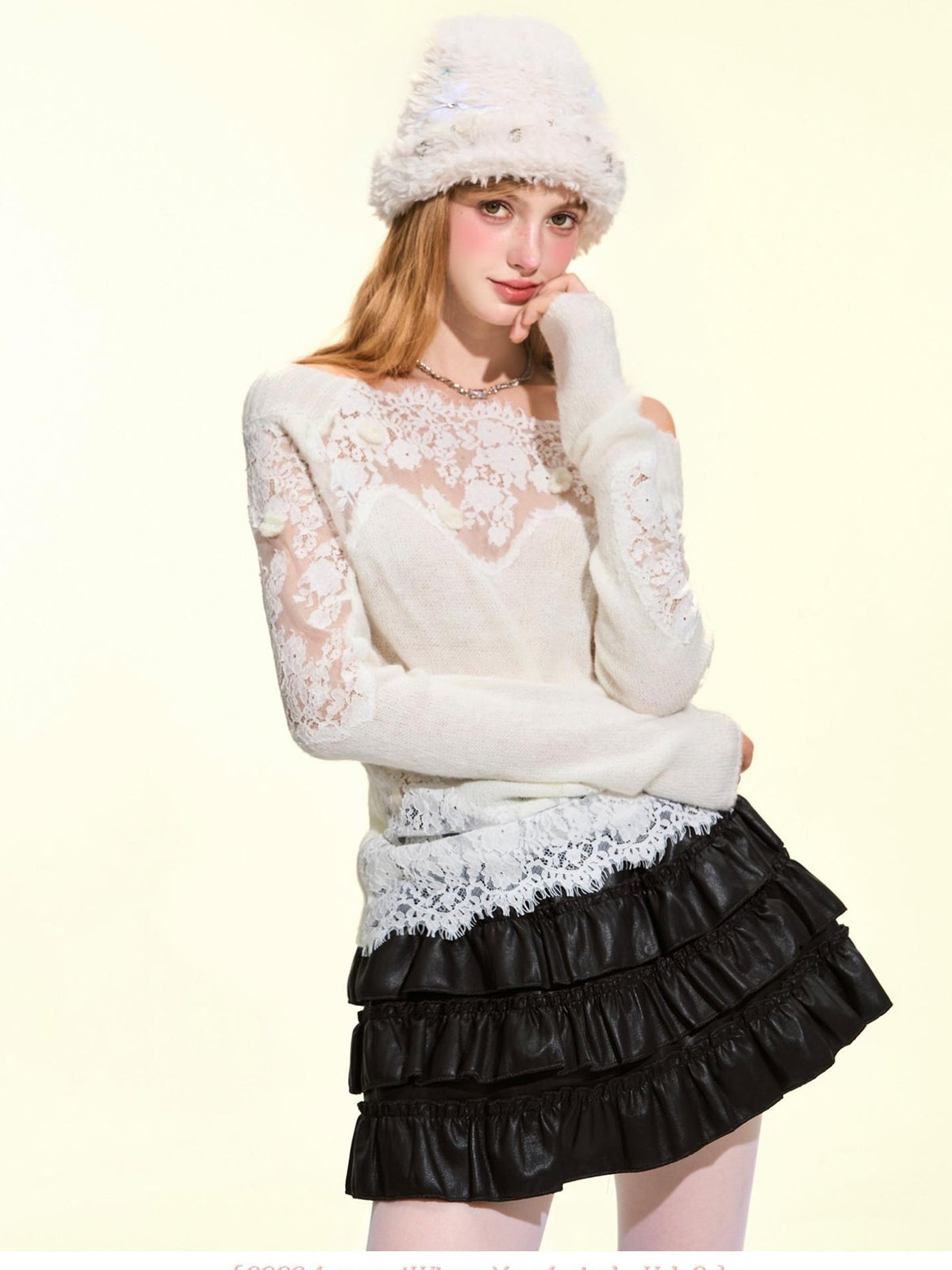 Girly Fancy Club Lightweight Hand Cutout Lace Paneled Off Shoulder Knit Women's Sweaters