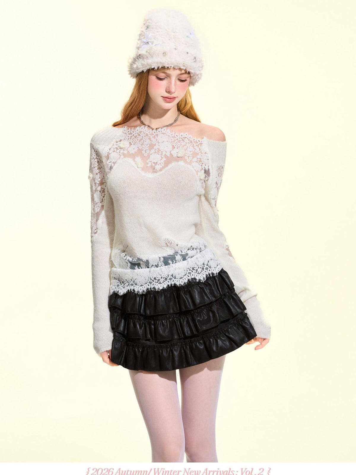 Girly Fancy Club Lightweight Hand Cutout Lace Paneled Off Shoulder Knit Women's Sweaters