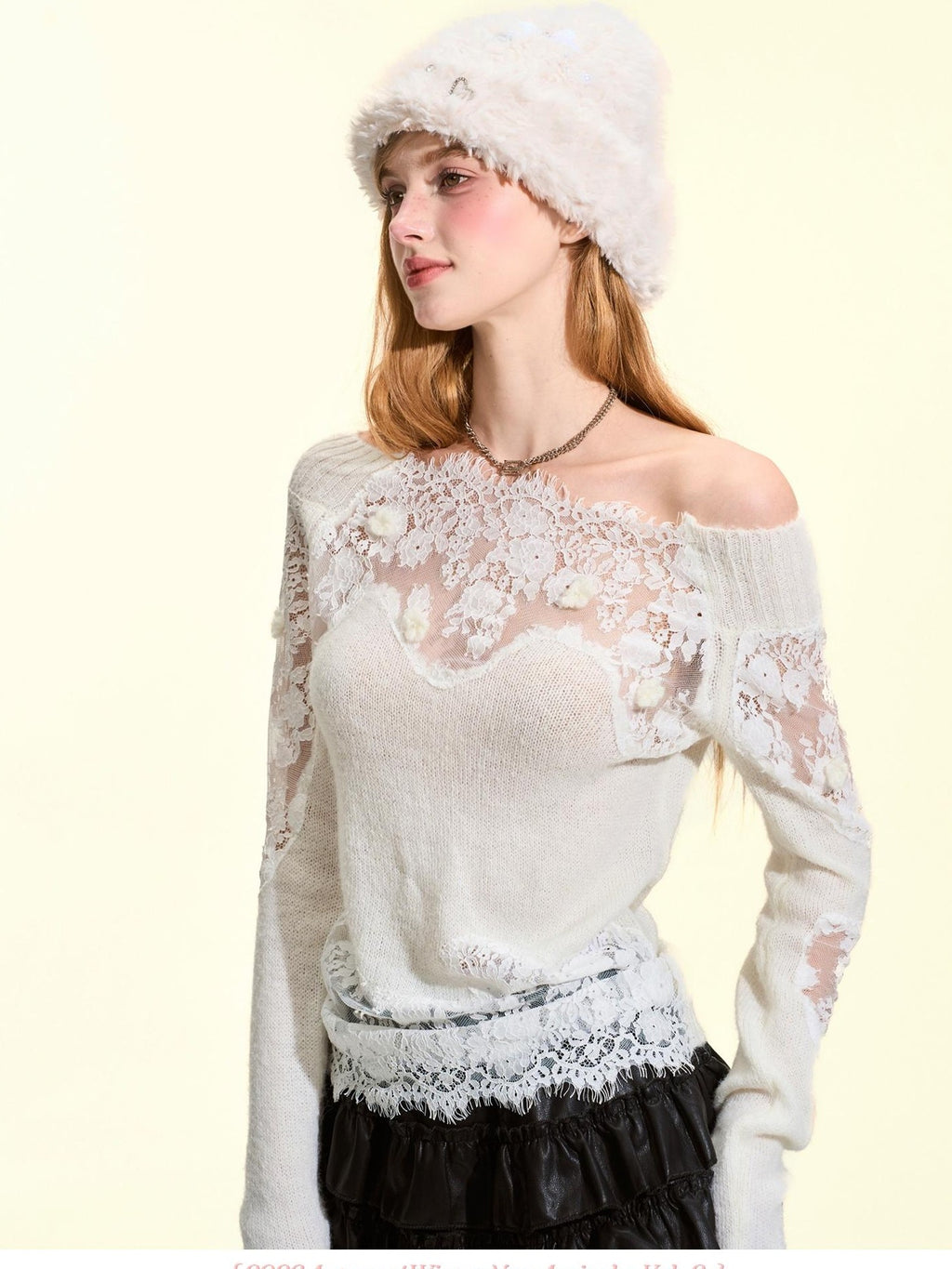 Girly Fancy Club Lightweight Hand Cutout Lace Paneled Off Shoulder Knit Women's Sweaters