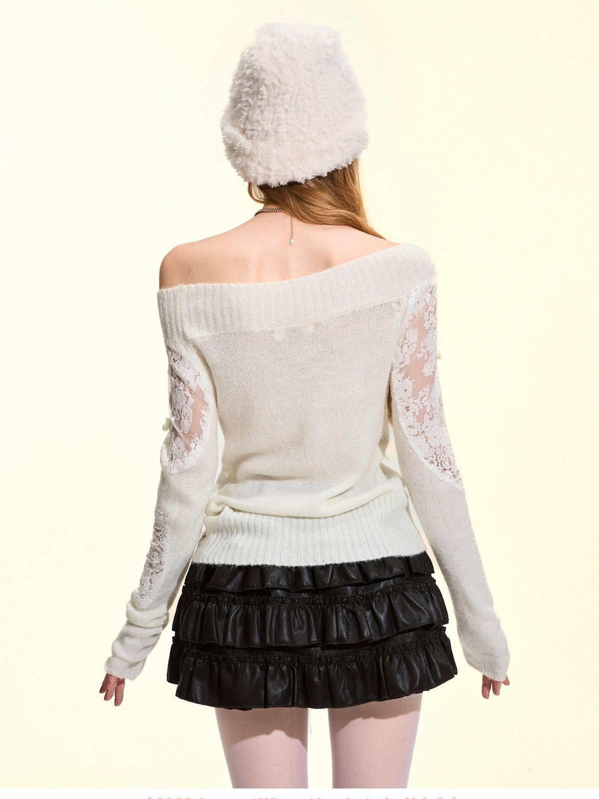 Girly Fancy Club Lightweight Hand Cutout Lace Paneled Off Shoulder Knit Women's Sweaters