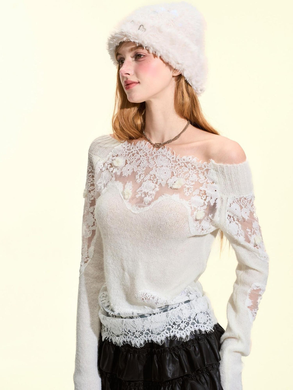Girly Fancy Club Lightweight Hand Cutout Lace Paneled Off Shoulder Knit Women's Sweaters