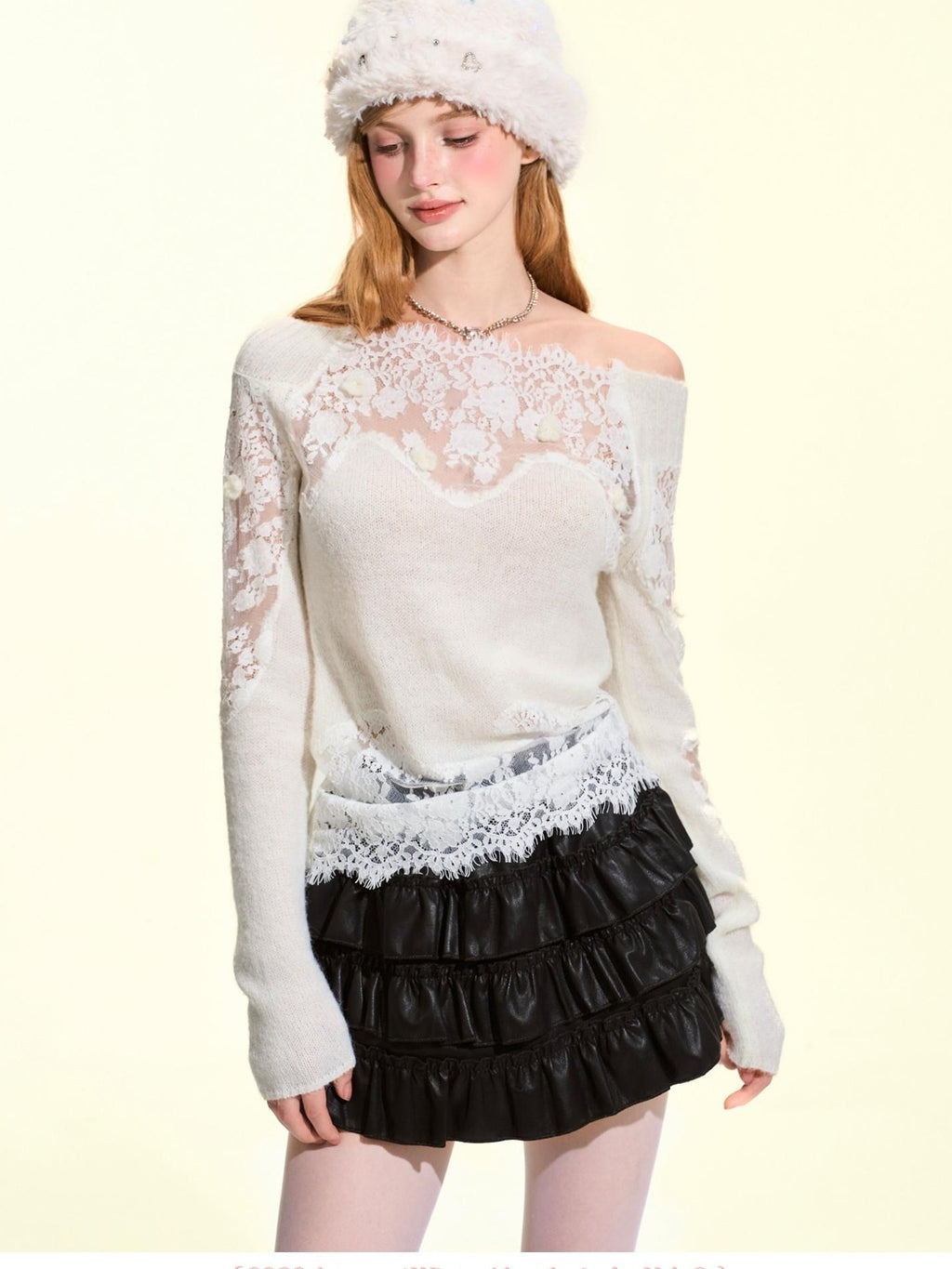 Girly Fancy Club Lightweight Hand Cutout Lace Paneled Off Shoulder Knit Women's Sweaters