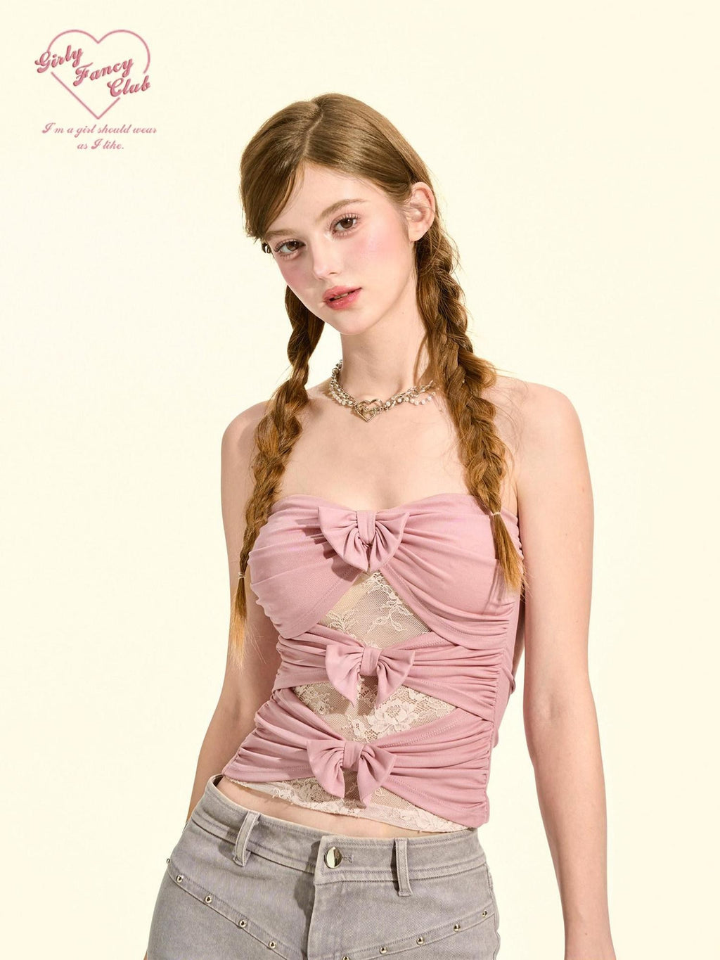 Girly Fancy Club Lilac Pink Bow Tie Slim Fit Women's Cotton Spandex Knit Tube Tops