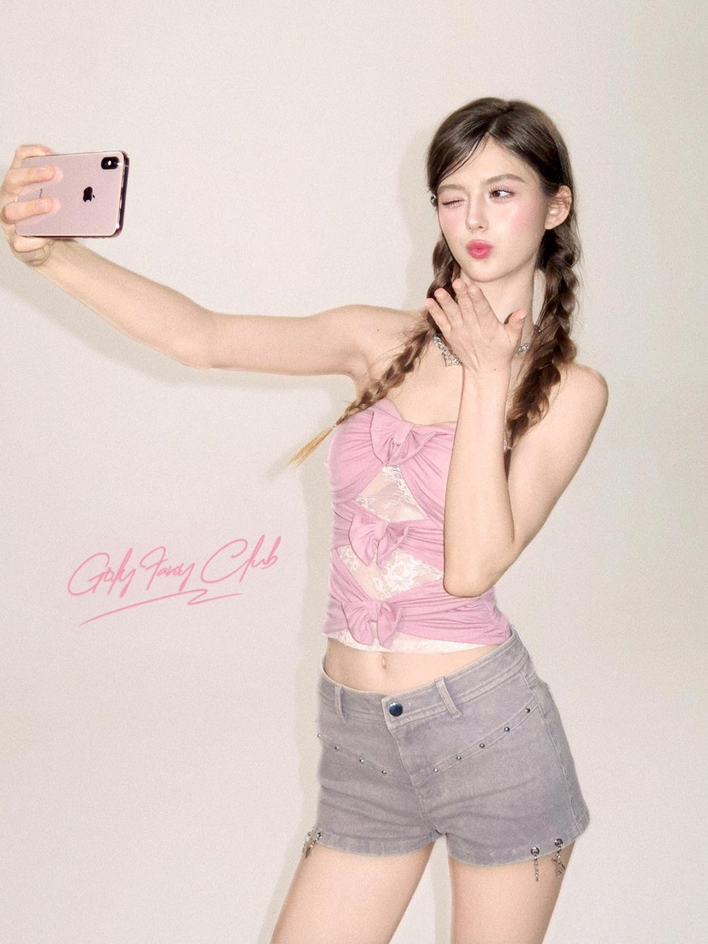 Girly Fancy Club Lilac Pink Bow Tie Slim Fit Women's Cotton Spandex Knit Tube Tops