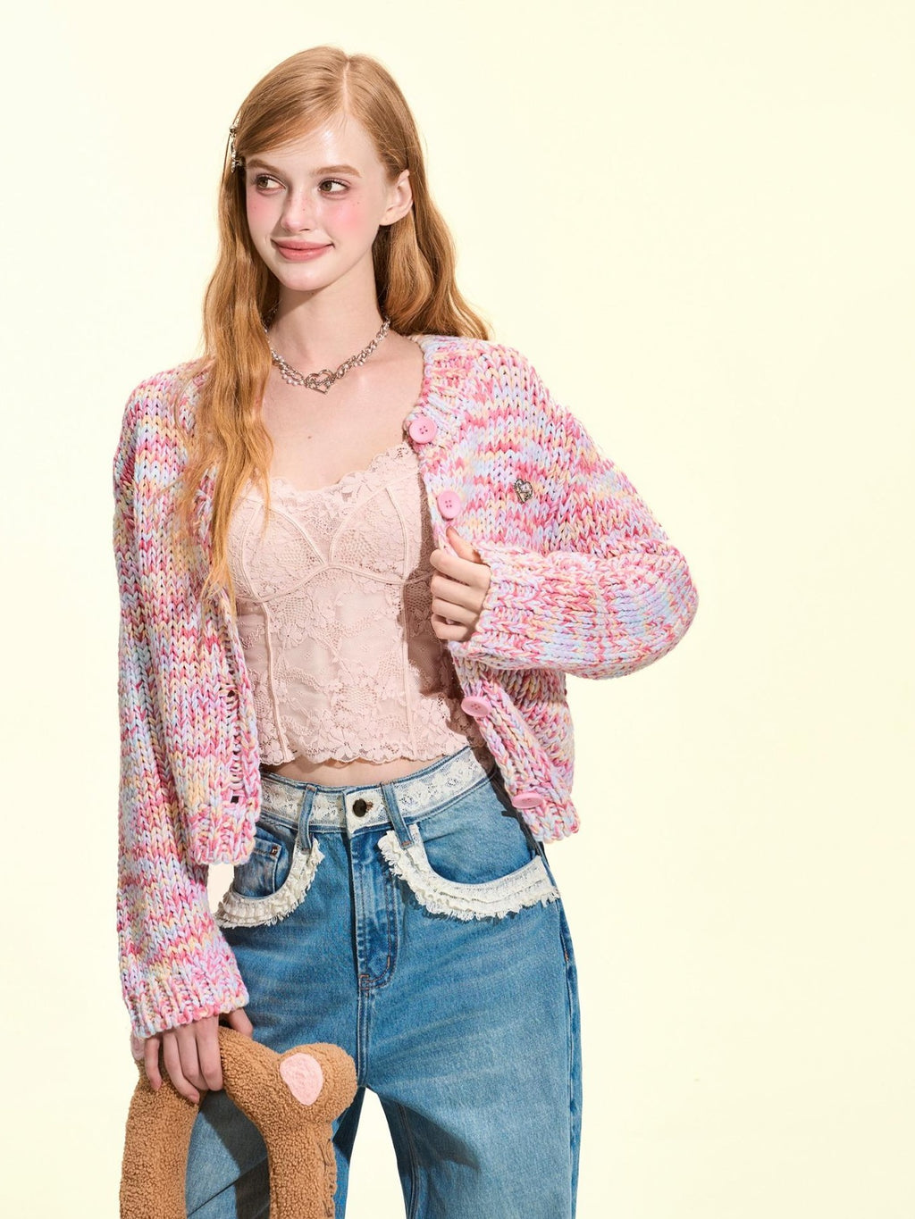 Girly Fancy Club Macaron Speckled Colorful Yarn Chunky Knit Button Down Women's Acrylic Cardigans