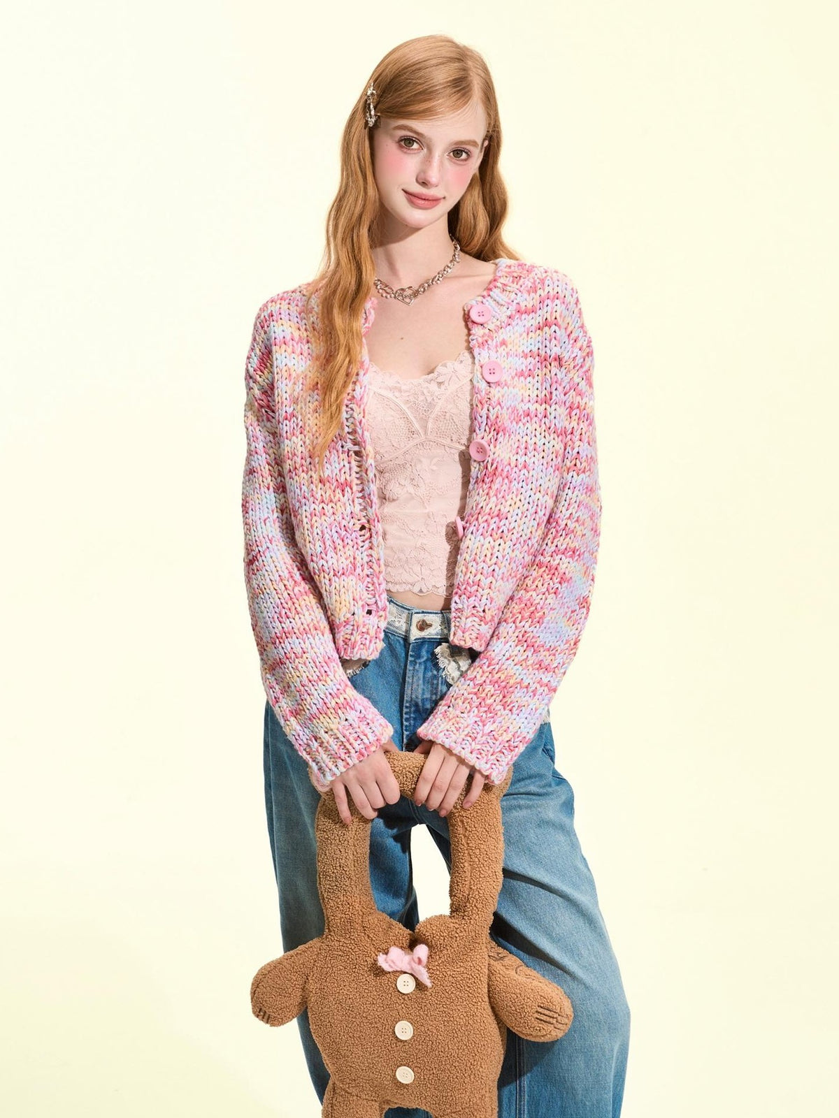 Girly Fancy Club Macaron Speckled Colorful Yarn Chunky Knit Button Down Women's Acrylic Cardigans