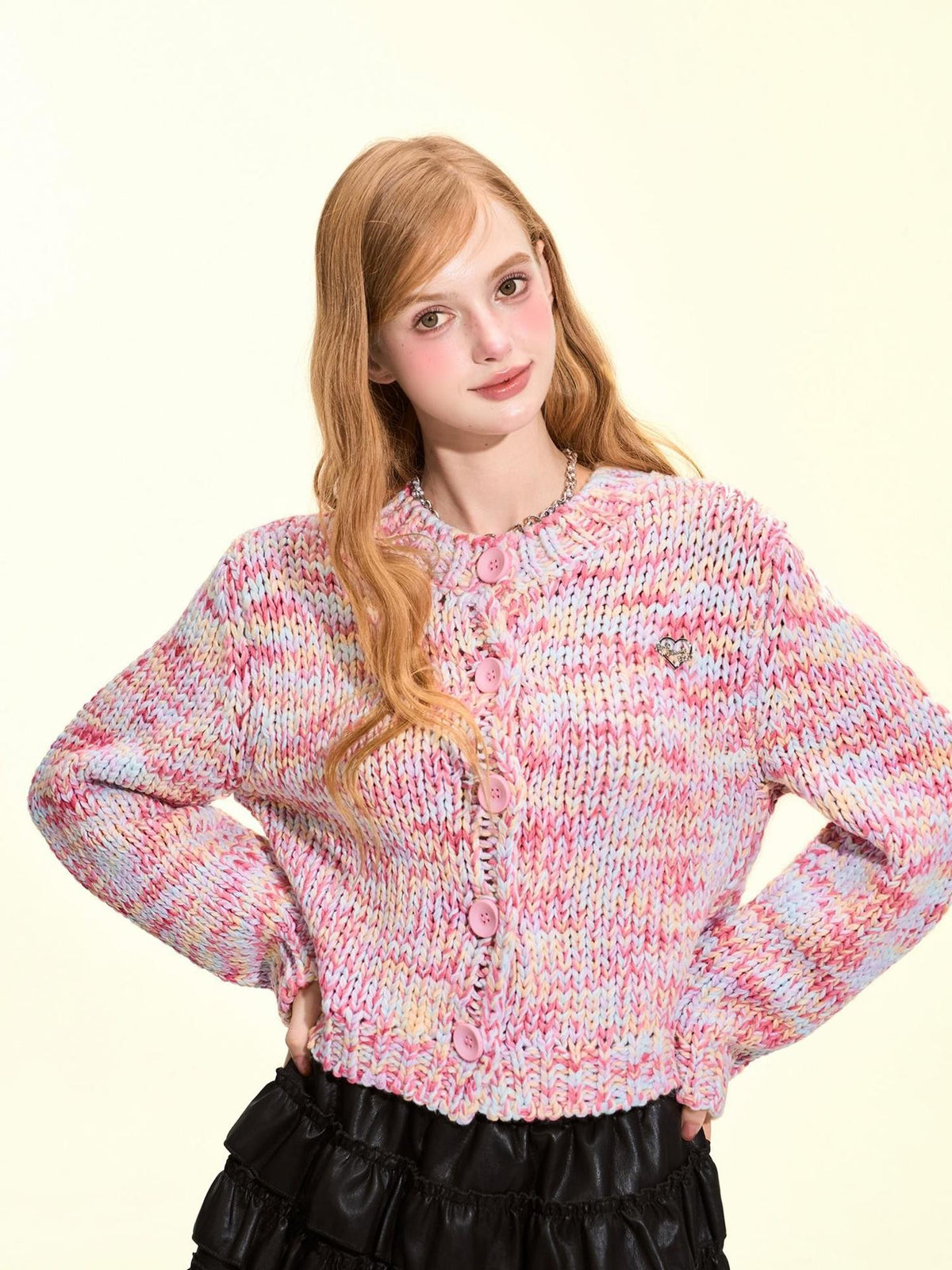 Girly Fancy Club Macaron Speckled Colorful Yarn Chunky Knit Button Down Women's Acrylic Cardigans