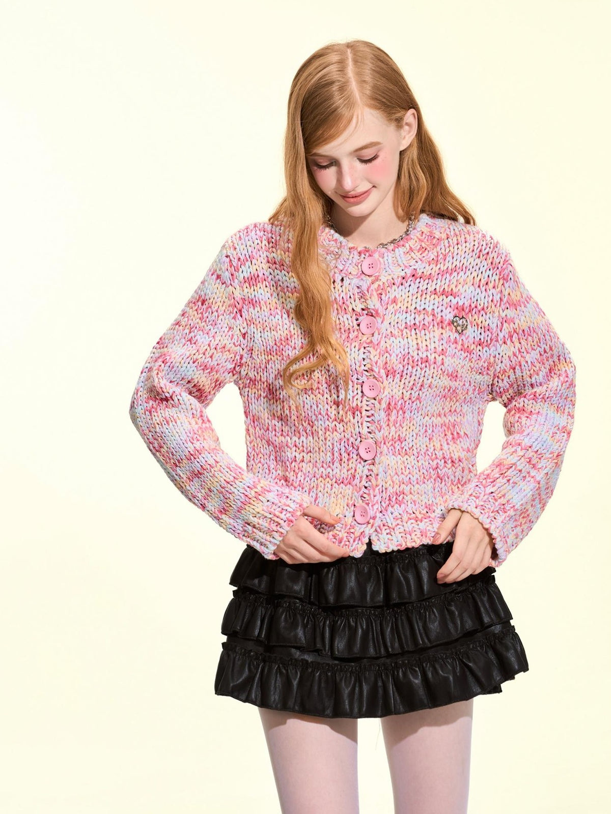 Girly Fancy Club Macaron Speckled Colorful Yarn Chunky Knit Button Down Women's Acrylic Cardigans